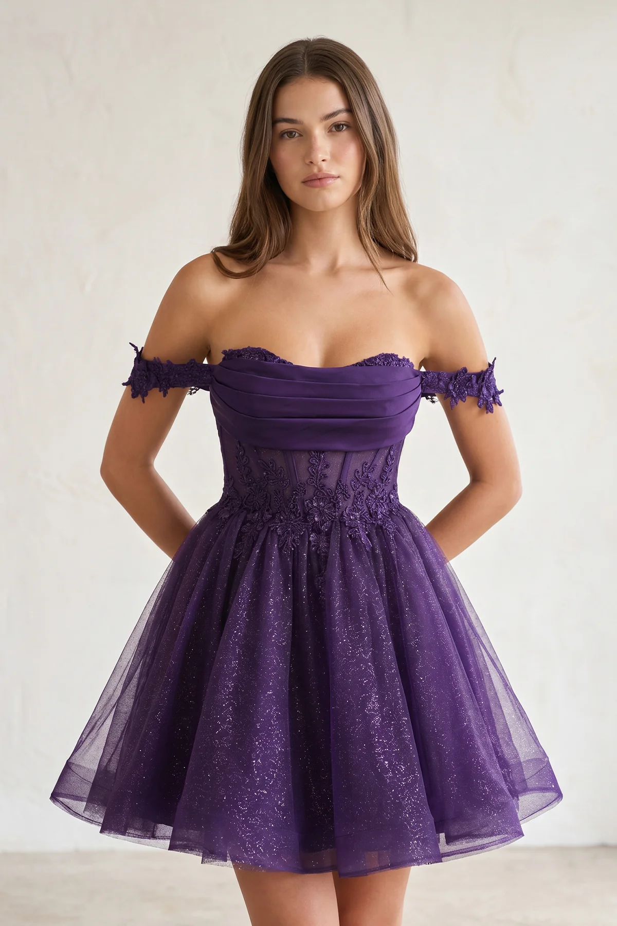 Purple A Line Off the Shoulder Lace Corset Sequined Homecoming Dresses