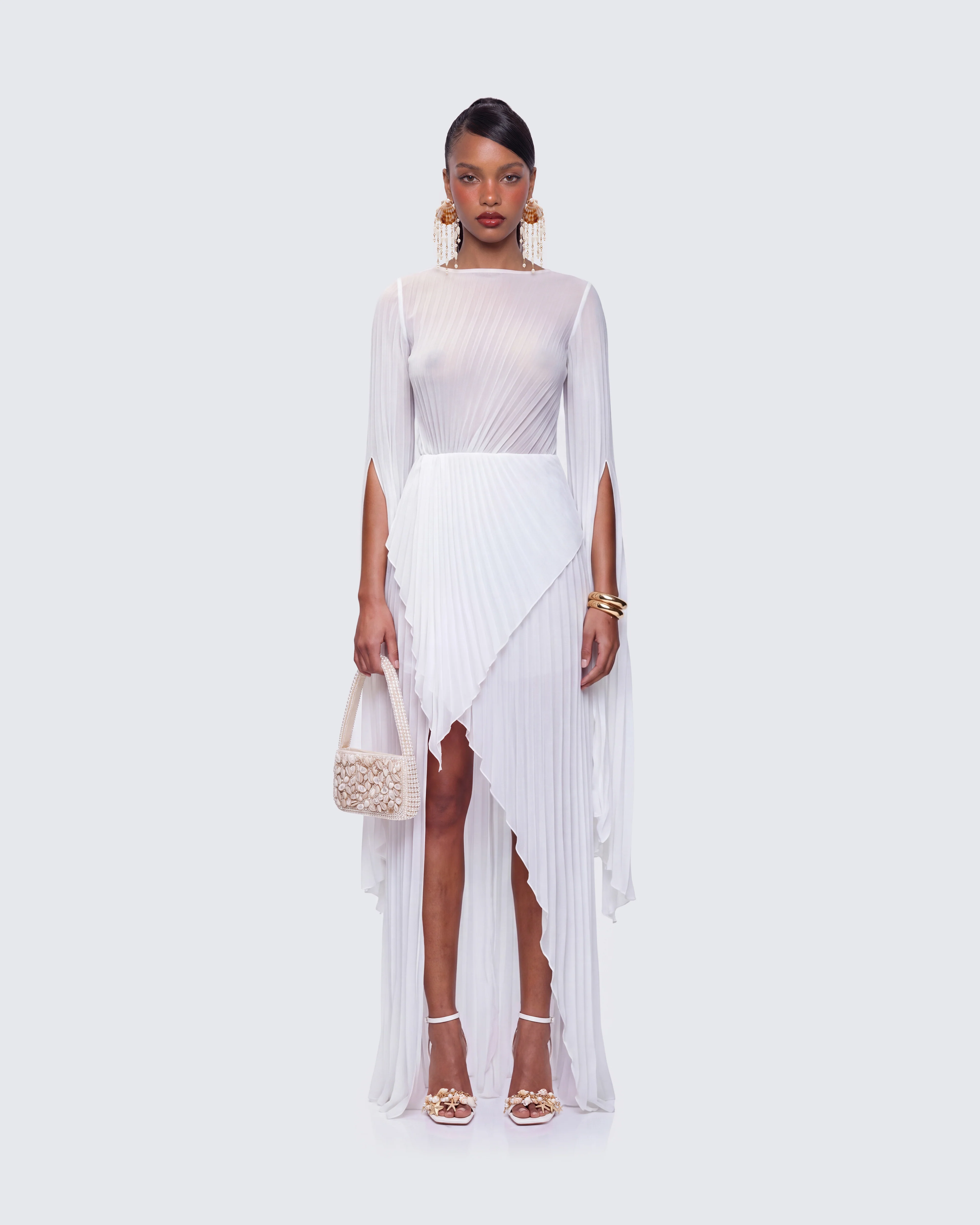 Zady White Layered Sunray Pleated Georgette Maxi Dress