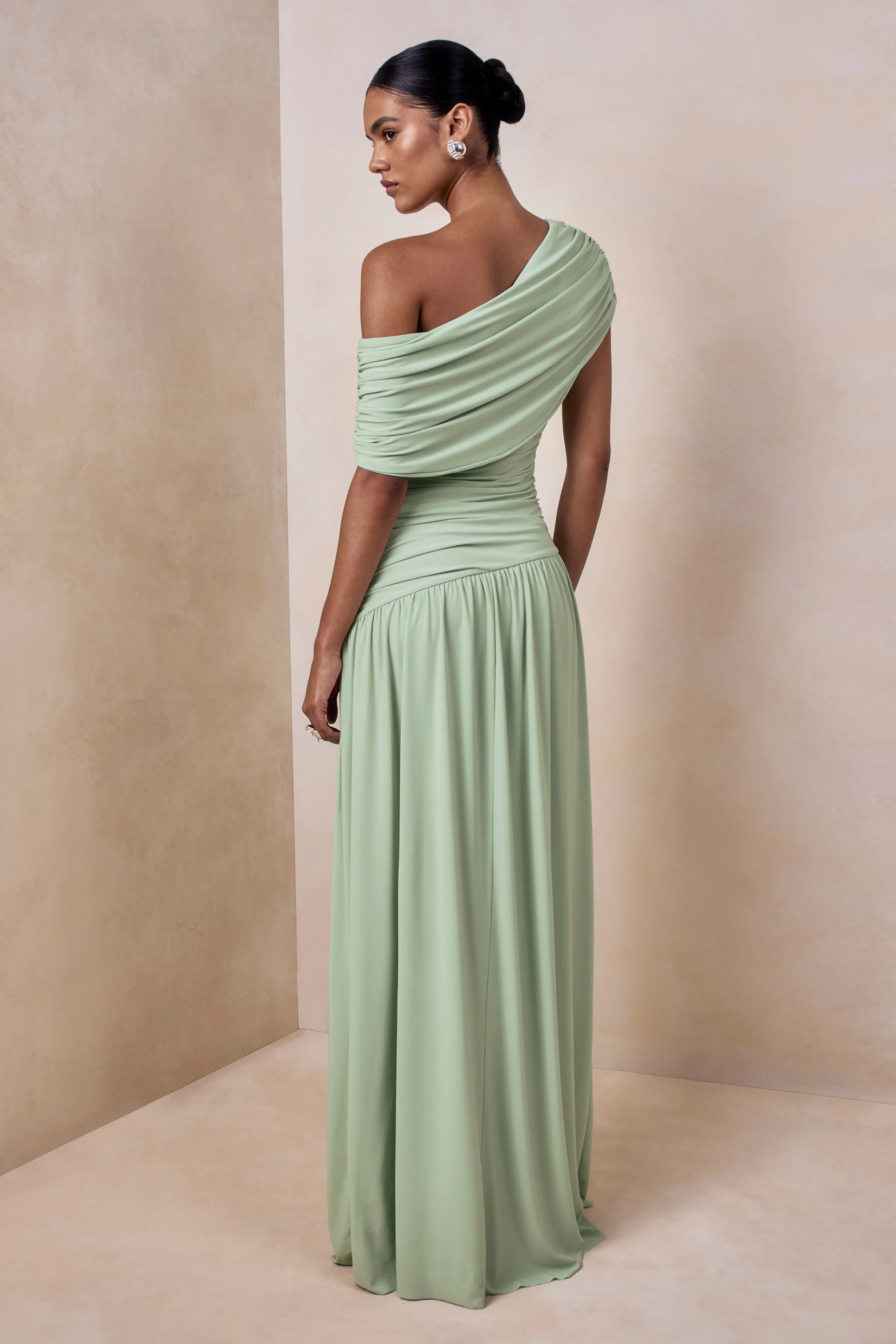 Emberly | Green Draped Asymmetric-Neck Maxi Dress With Drop-Waist