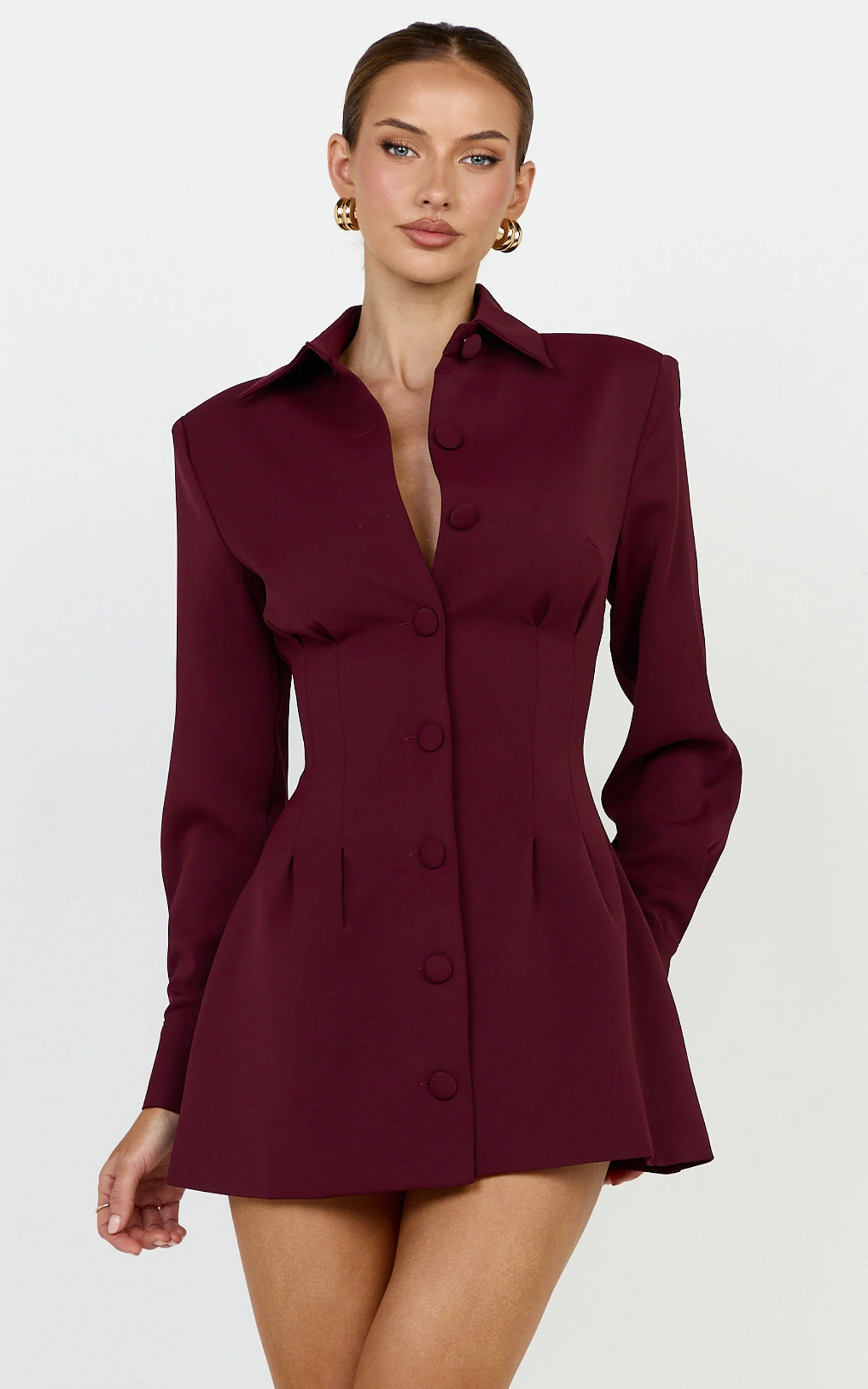 Thelma Mini Dress - Button Front Pleat Waist Tulip Skirt Shirtdress in Wine