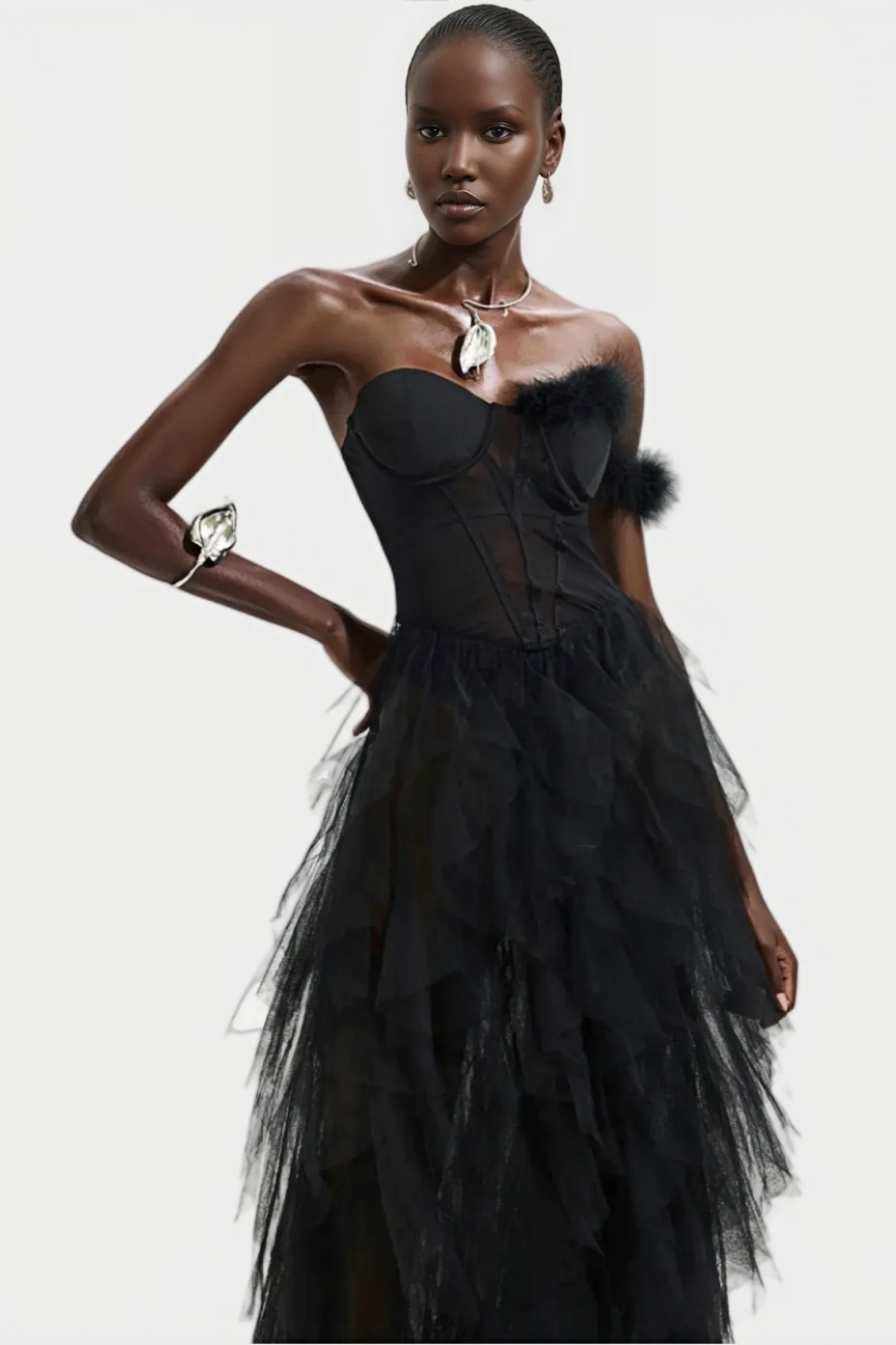 Mia One Shoulder Feather Maxi Dress