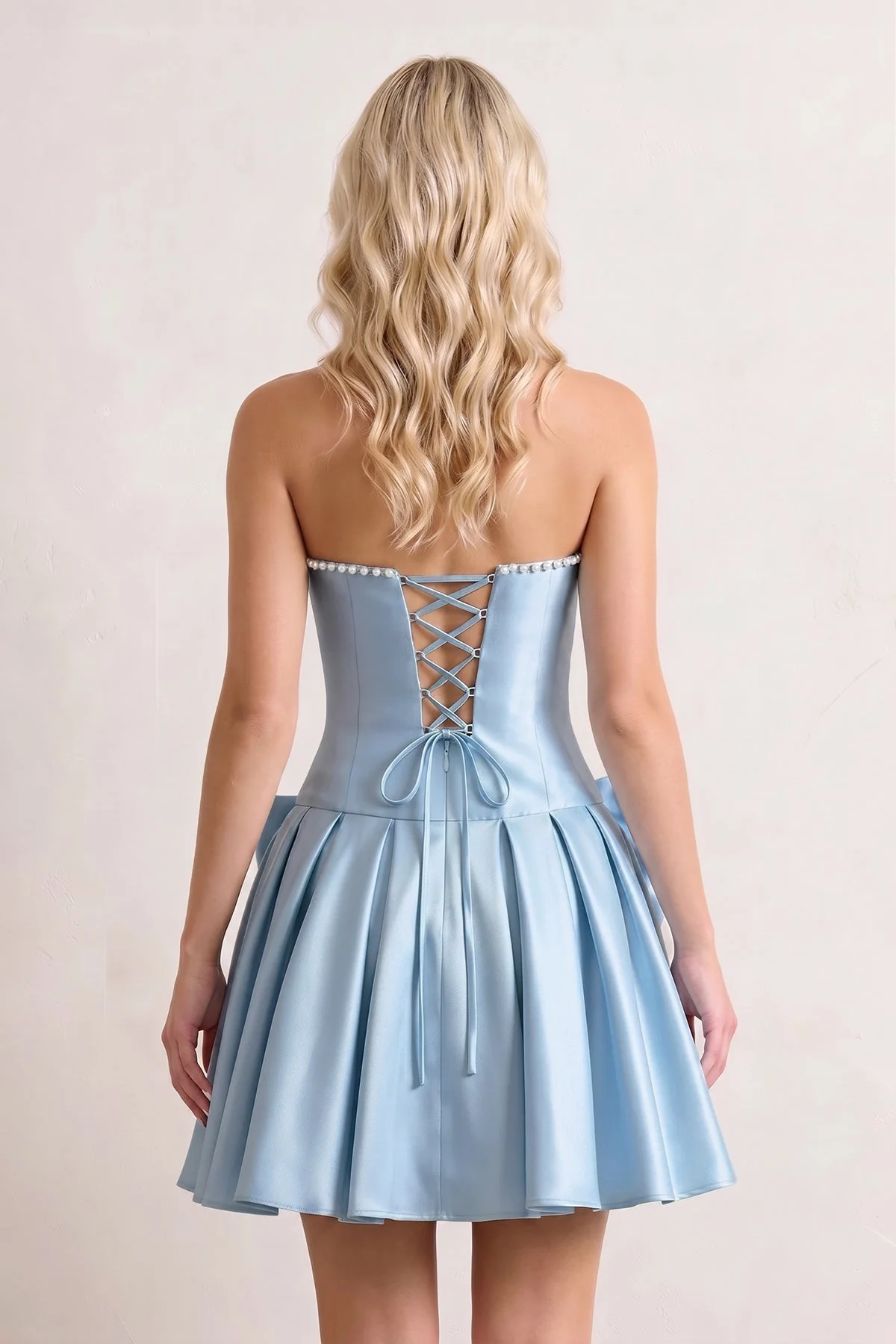 Aqua Strapless A-Line Satin Ruched Bow Homecoming Dress With Pearl