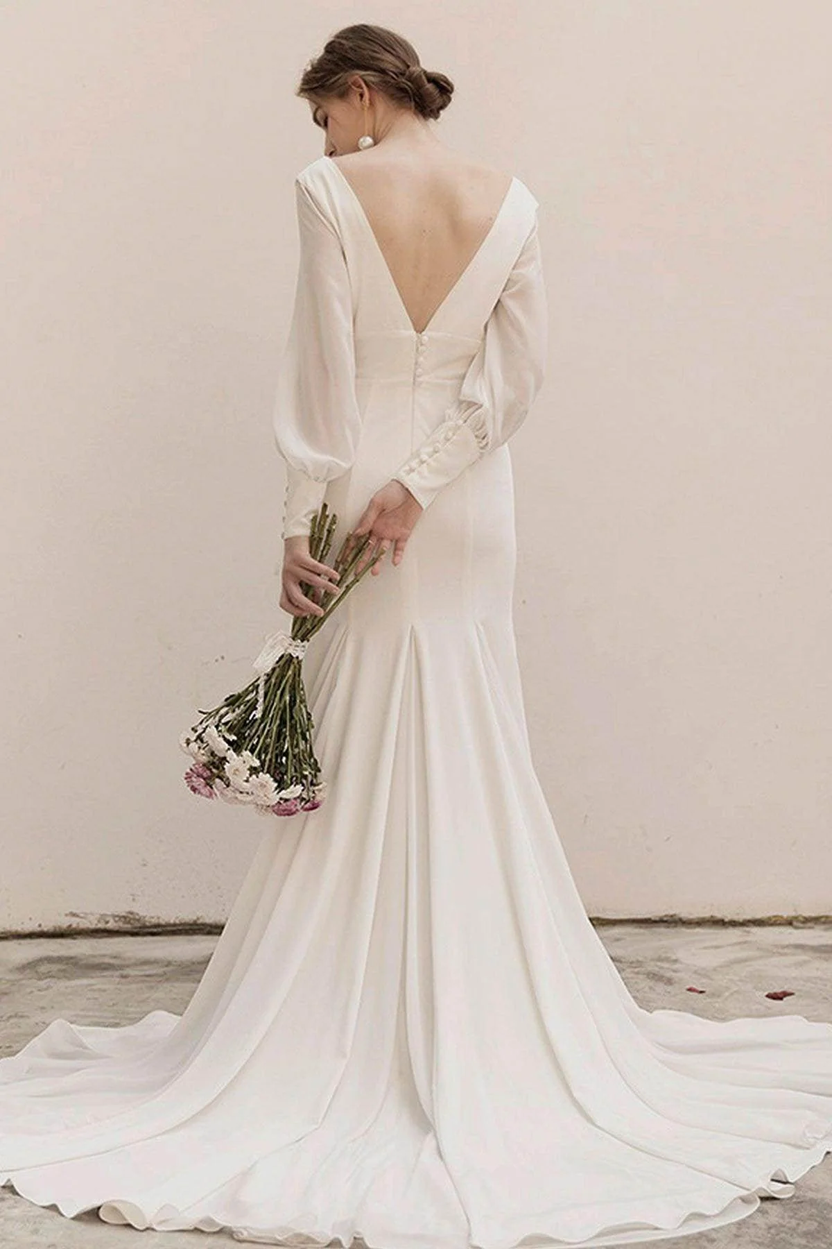 Sweep-Brush Train Satin Chiffon Wedding Dress CW3038