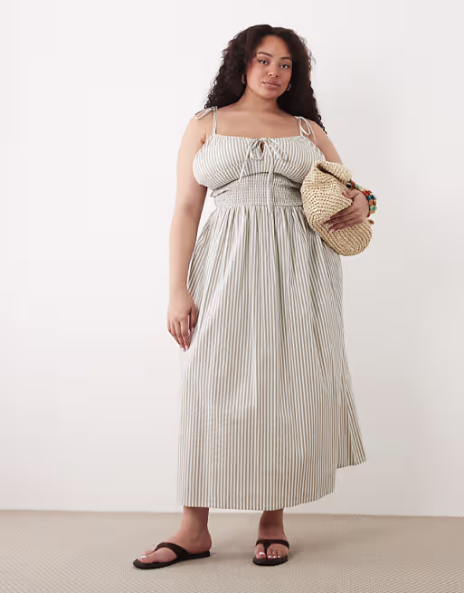 Esmée Curve tie strap shirred beach maxi dress in beige & white stripes