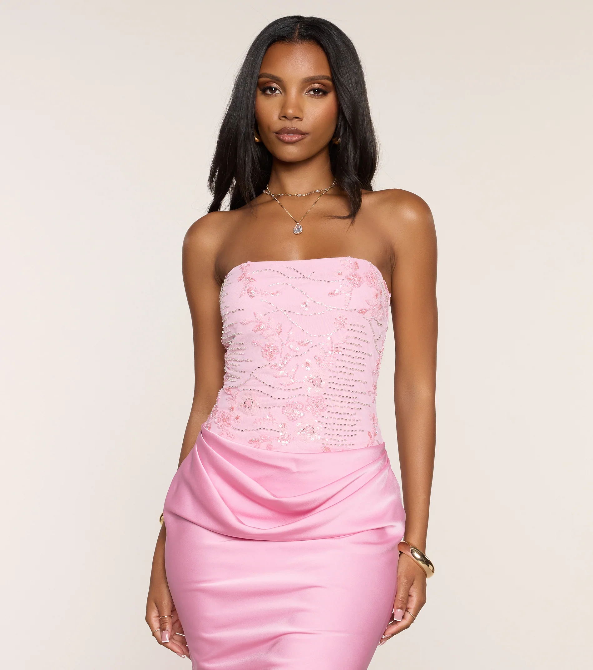 Satin Glow Strapless Beaded Midi Dress - FASHION NOB