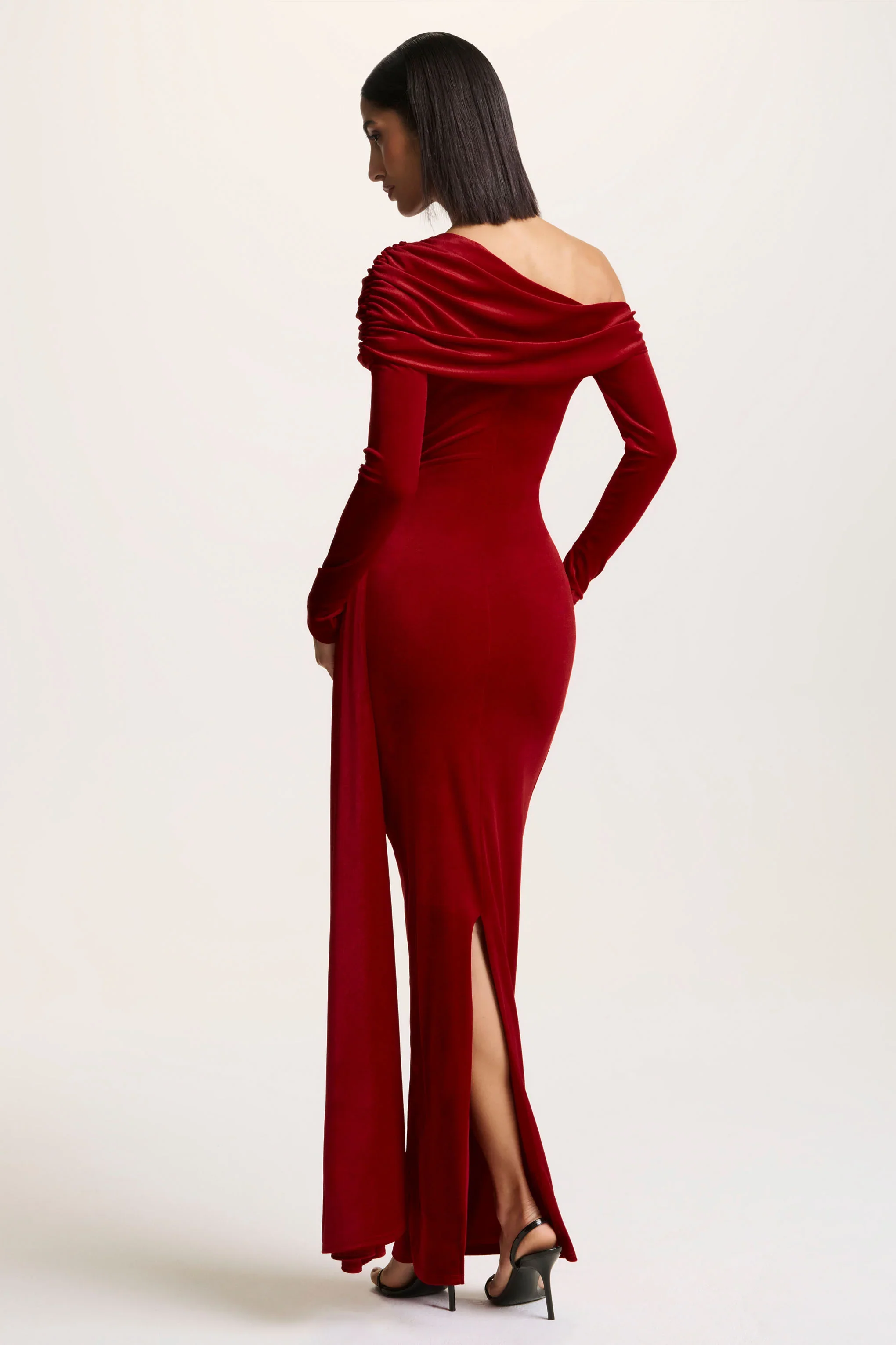 Hadria | Red Velvet Asymmetric-Neck Maxi Dress With Sash-Detail