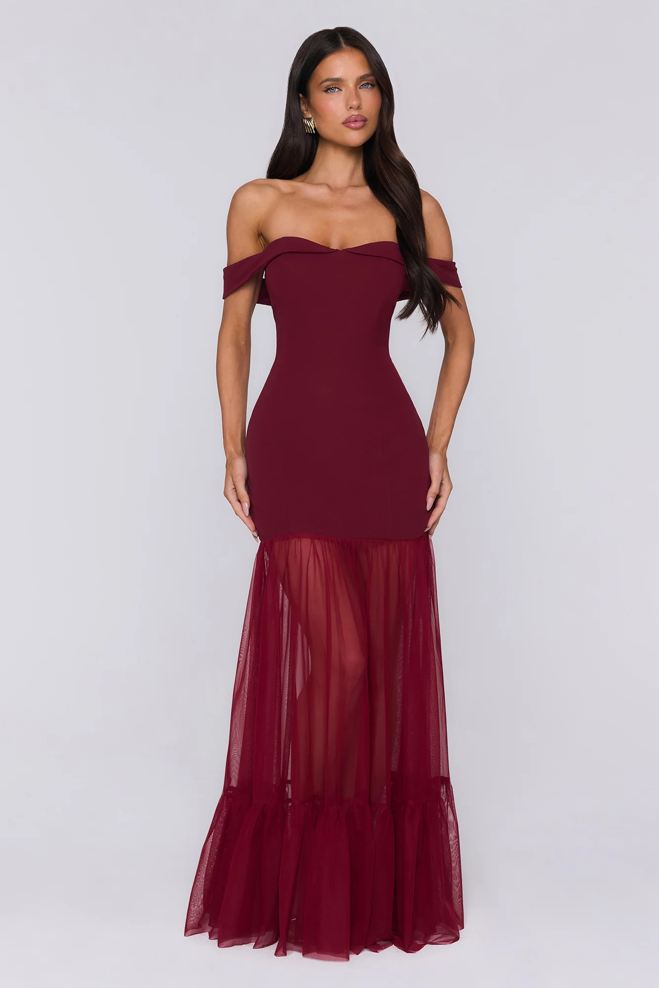 Pretty Lullaby Off Shoulder Maxi Dress Burgundy