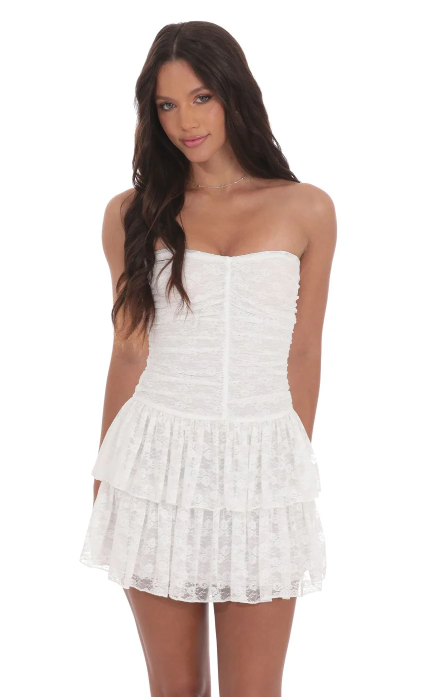 Lace Strapless Ruched Ruffle Dress in White