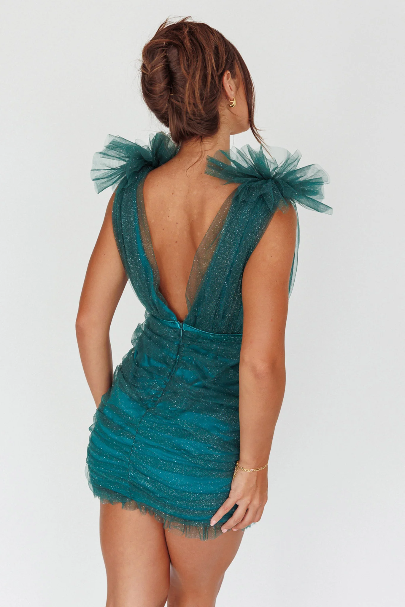 Ludivine Shoulder Accent Mesh Mini Dress Glitter Green
