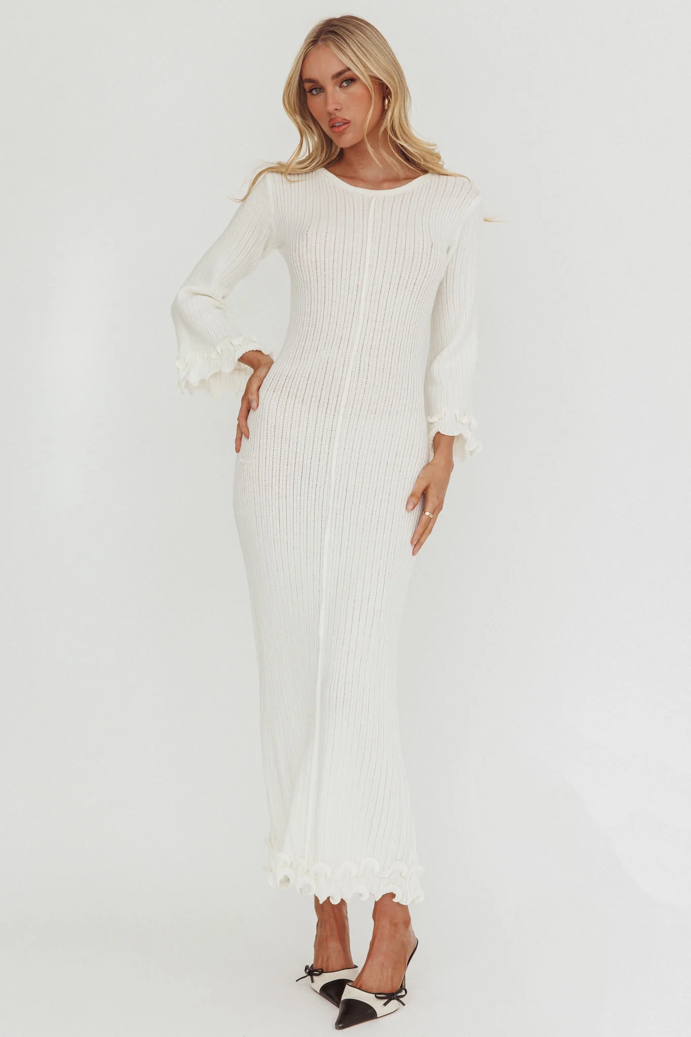 Wrenna Bell Sleeve Knit Maxi Dress White - luluinthesky