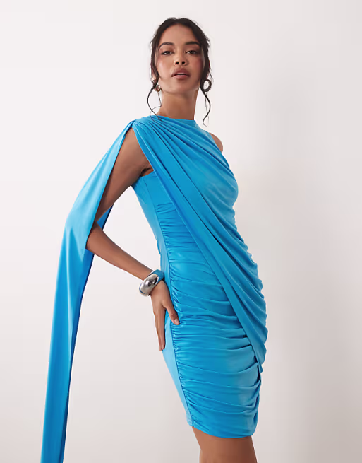 TFNC slinky high neck draped detail mini dress in bright blue