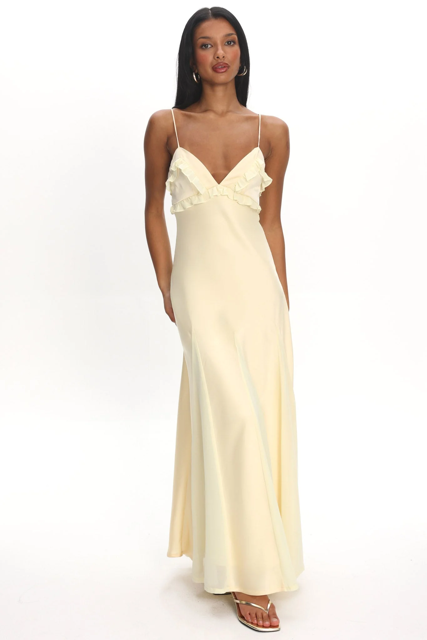 Caryn Frill Trim Godet Maxi Dress Yellow