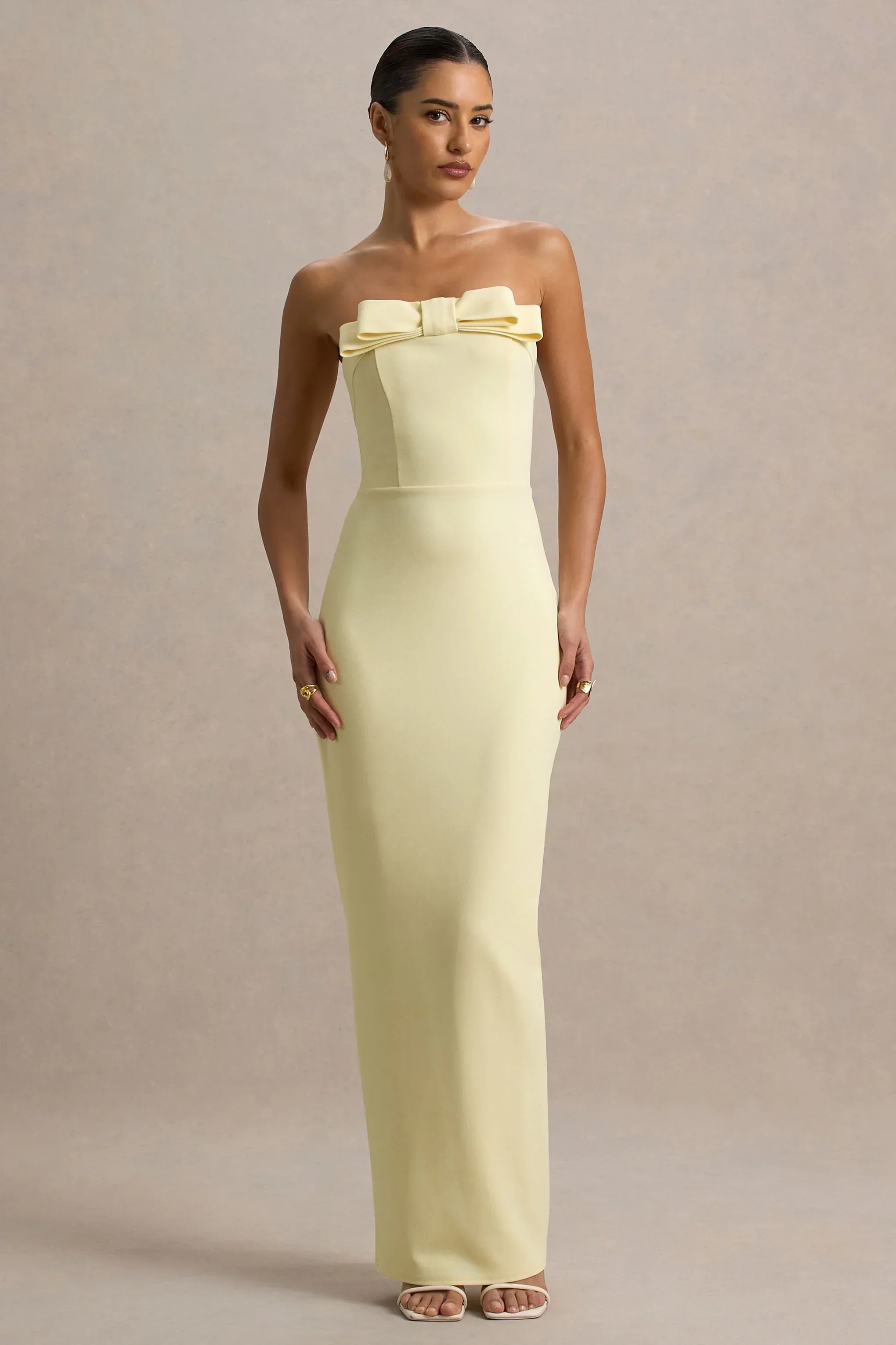 Hallie | Lemon Bandeau Maxi Dress With Bow Detail