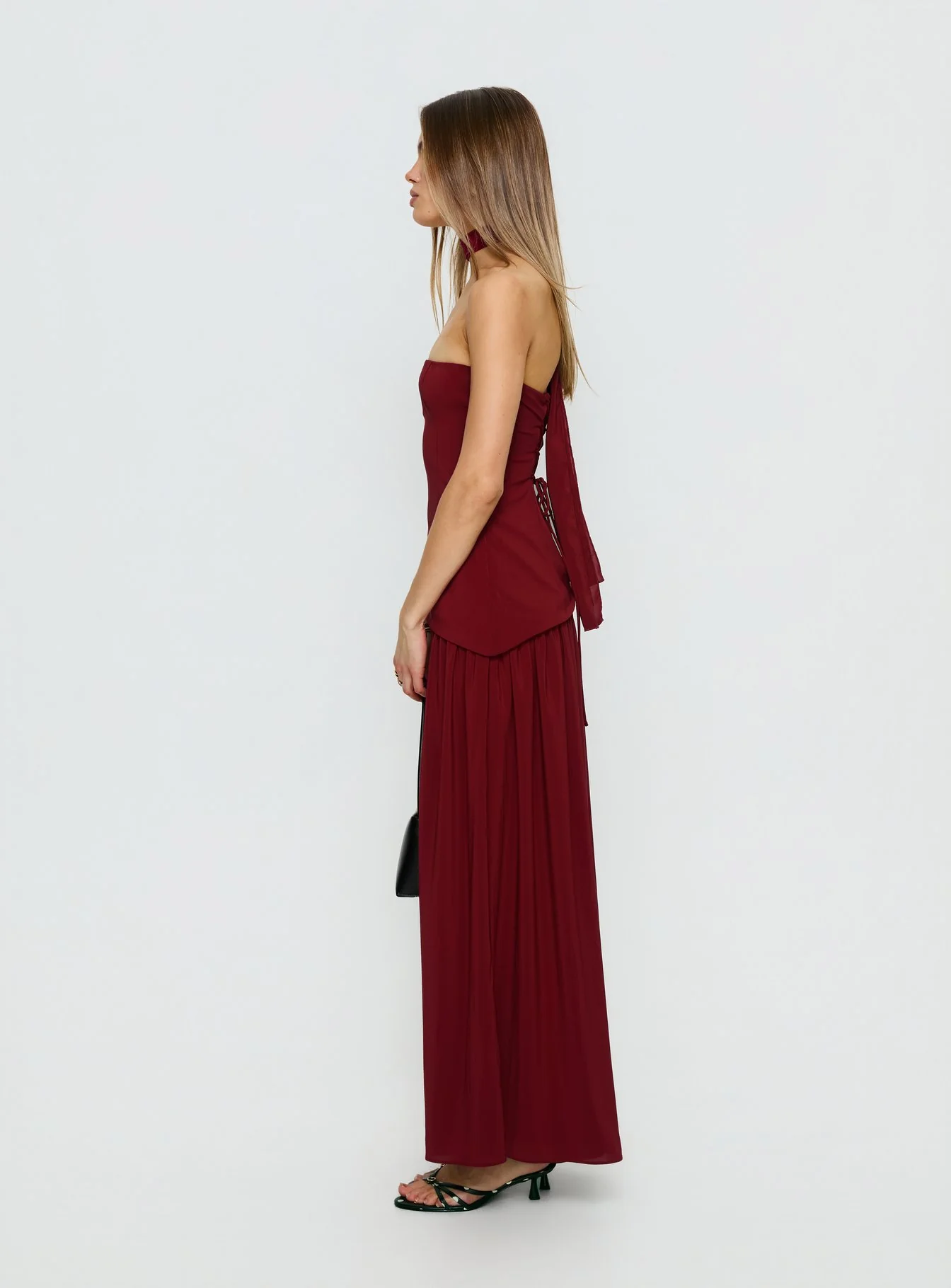 Odela Strapless Scarf Drop Waist Maxi Dress Cherry