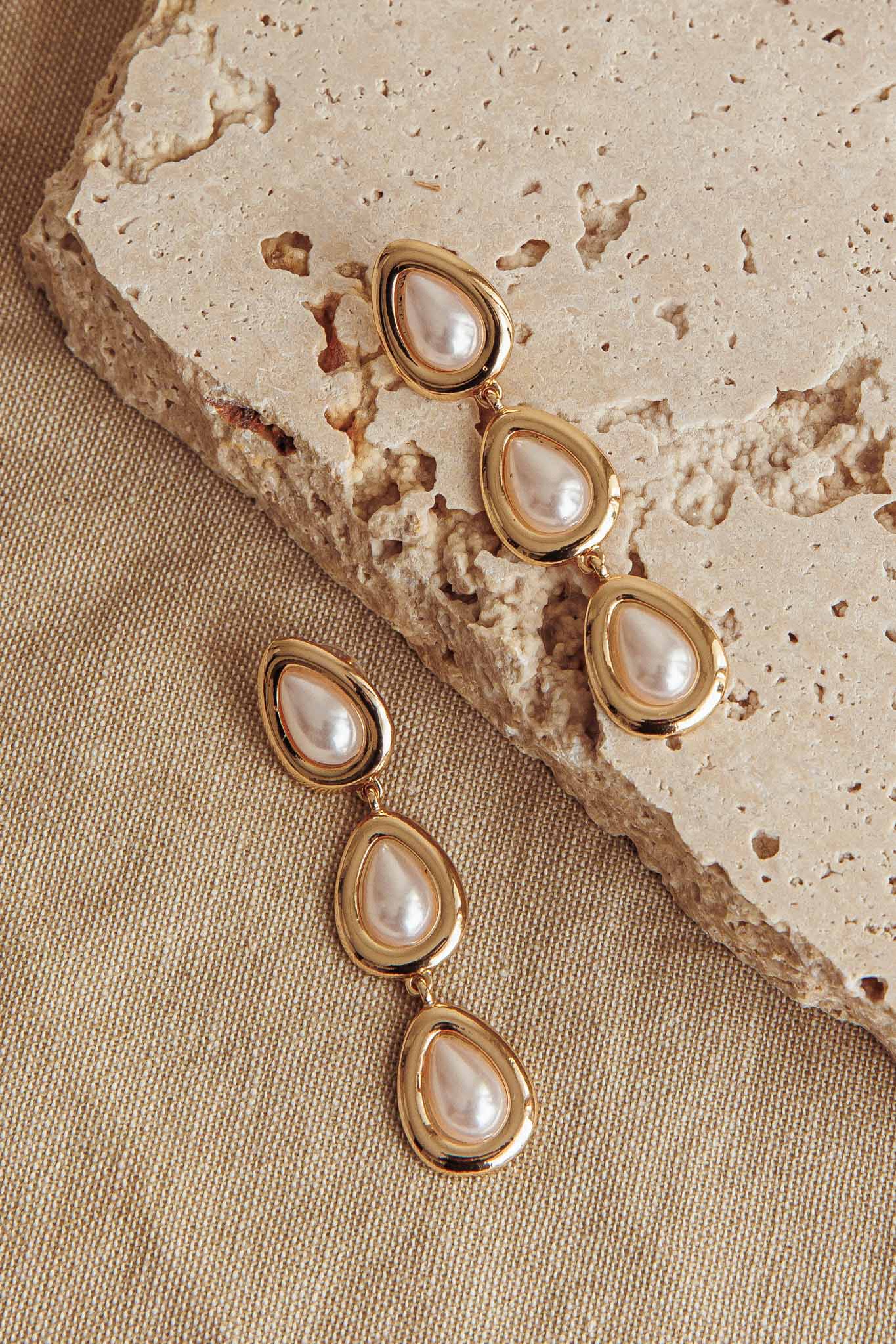 Marion Triple Droplet Earrings Gold Pearl