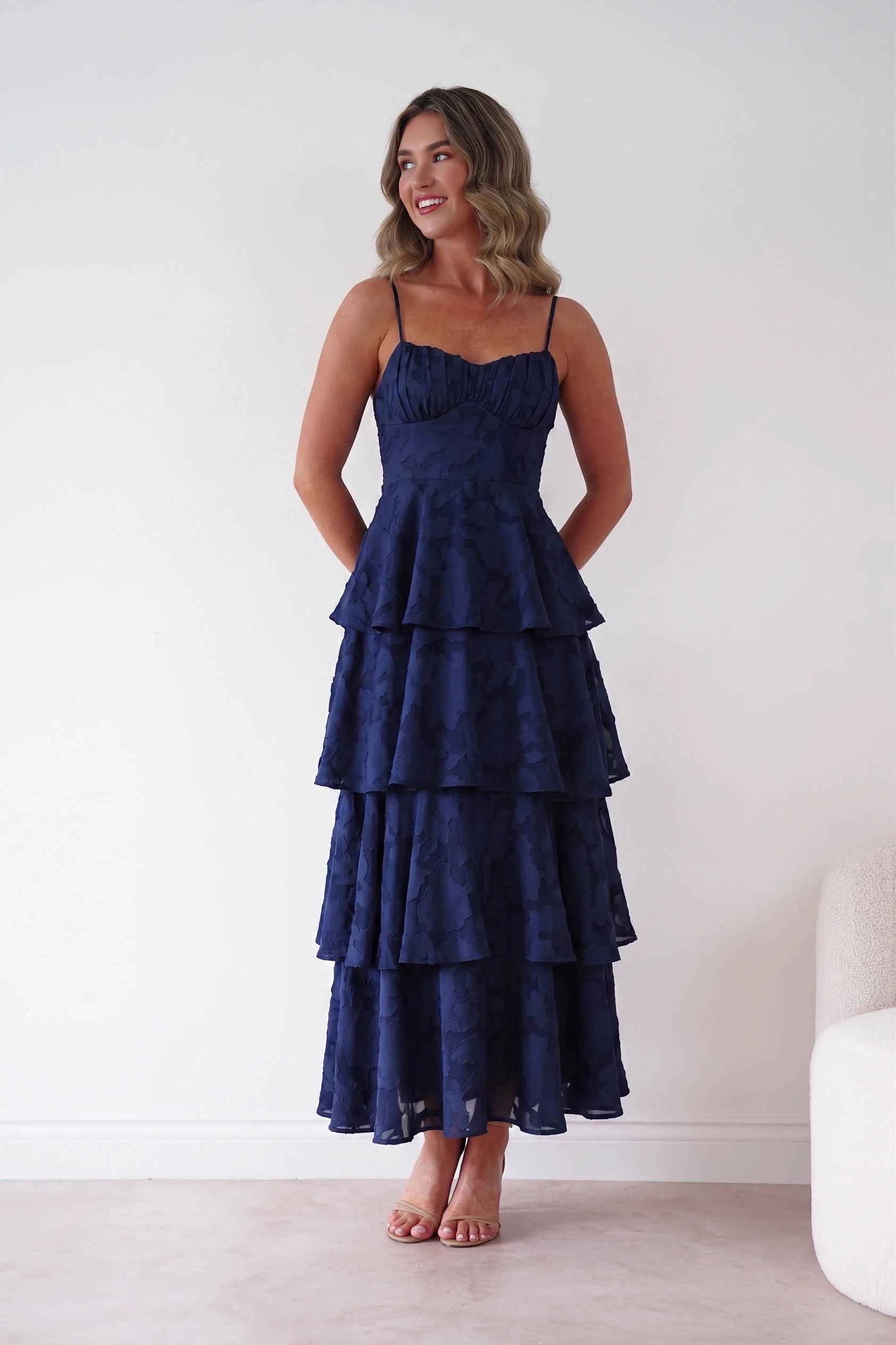 Patsy Floral Jacquard Tiered Maxi Dress | Navy