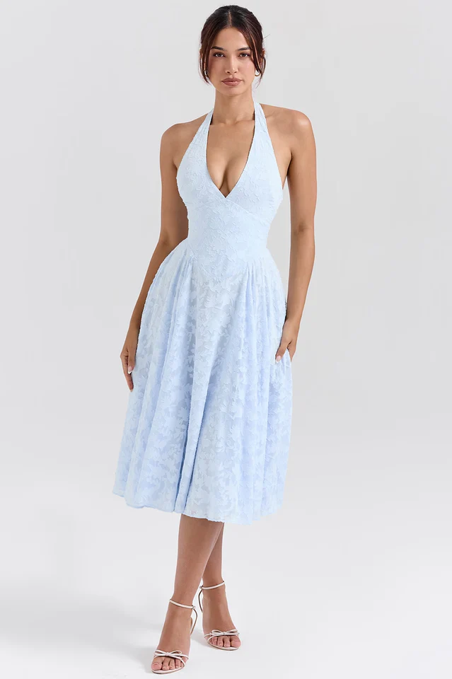 Bluebell Floral Jacquard Halter Midi Dress