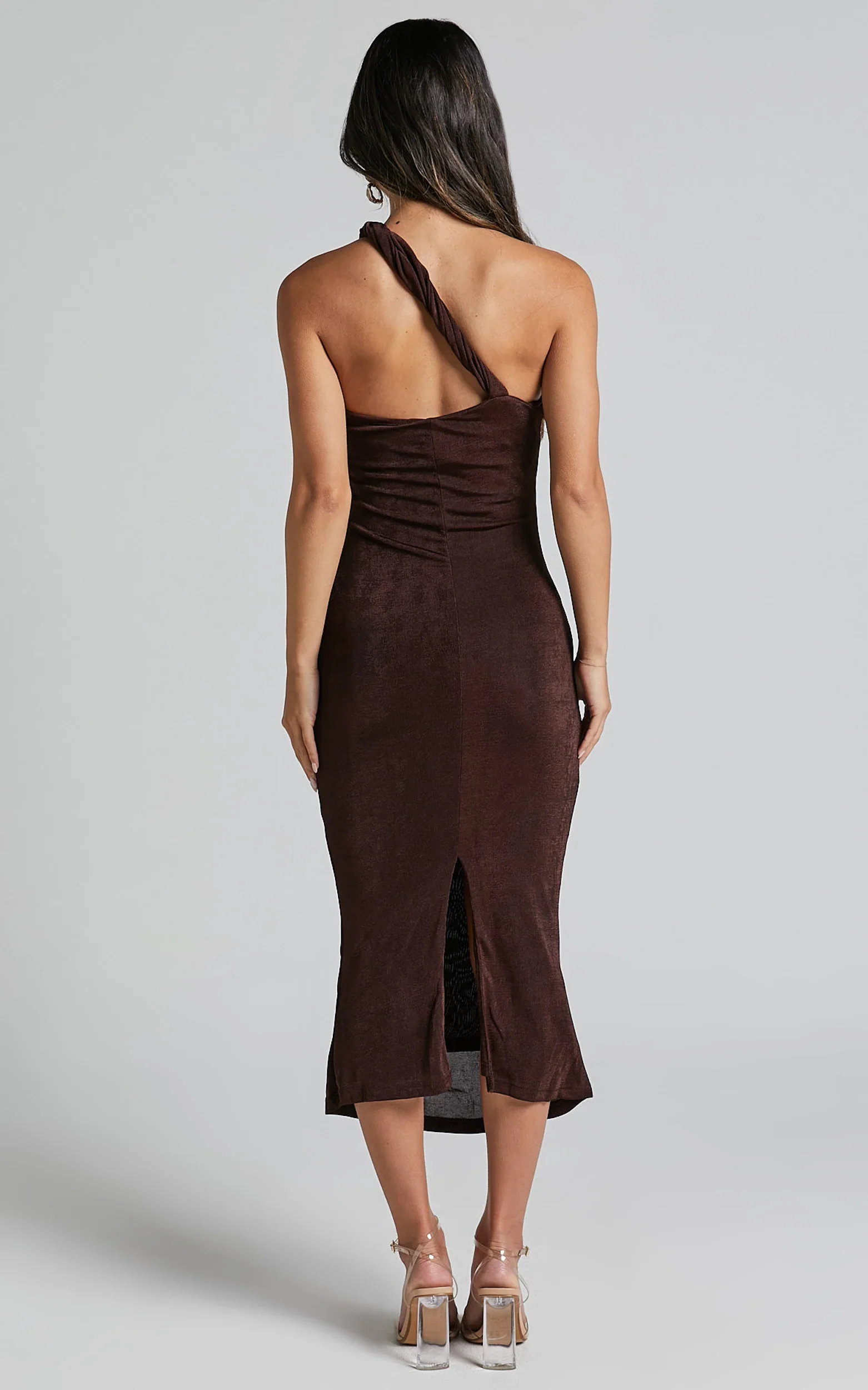Arietty Midi Dress - One Shoulder Asymmetrical Ruched Dress in Chocolate