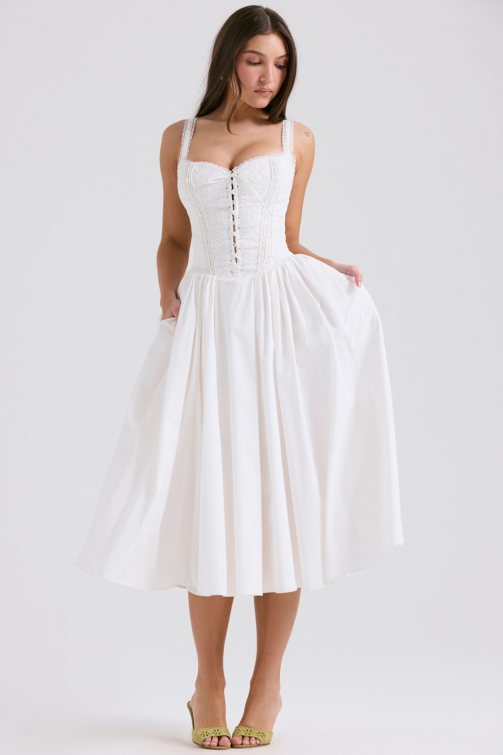 White Broderie Anglais &Amp; Cotton Midi Dress