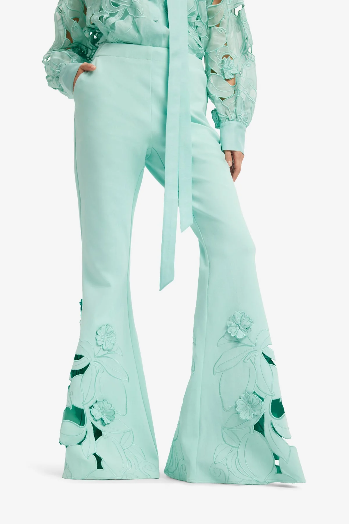 Vera Appliqué Flared Pants - Pale Turquoise