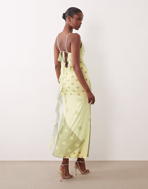 mesh spliced polka dot plunge maxi dress with backless frill detail in lemon
