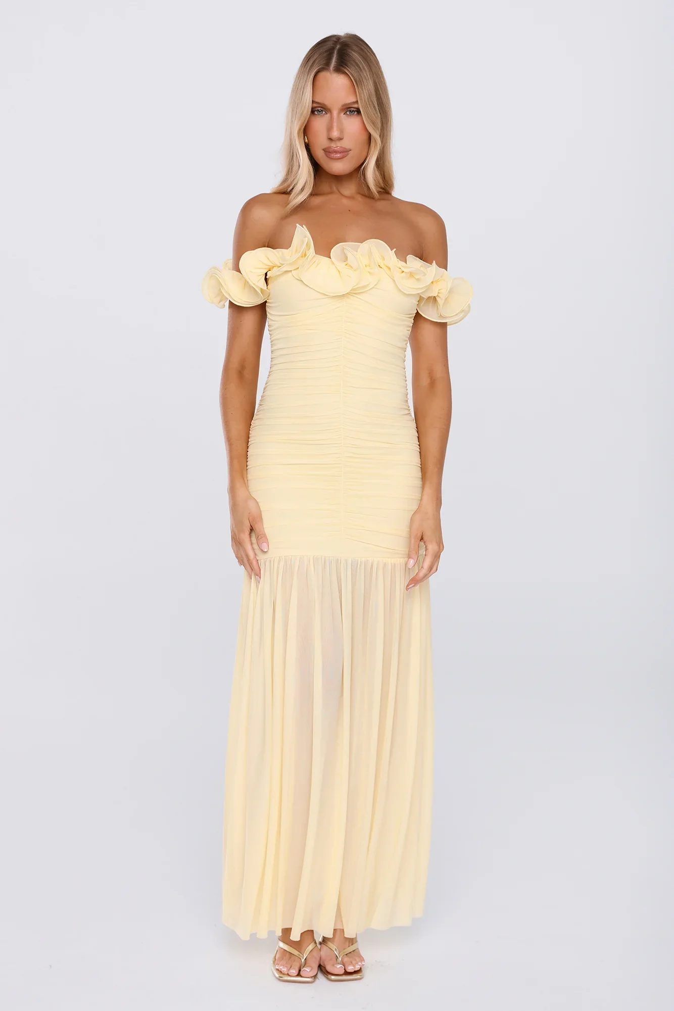 Standout Moment Mesh Off Shoulder Maxi Dress Butter