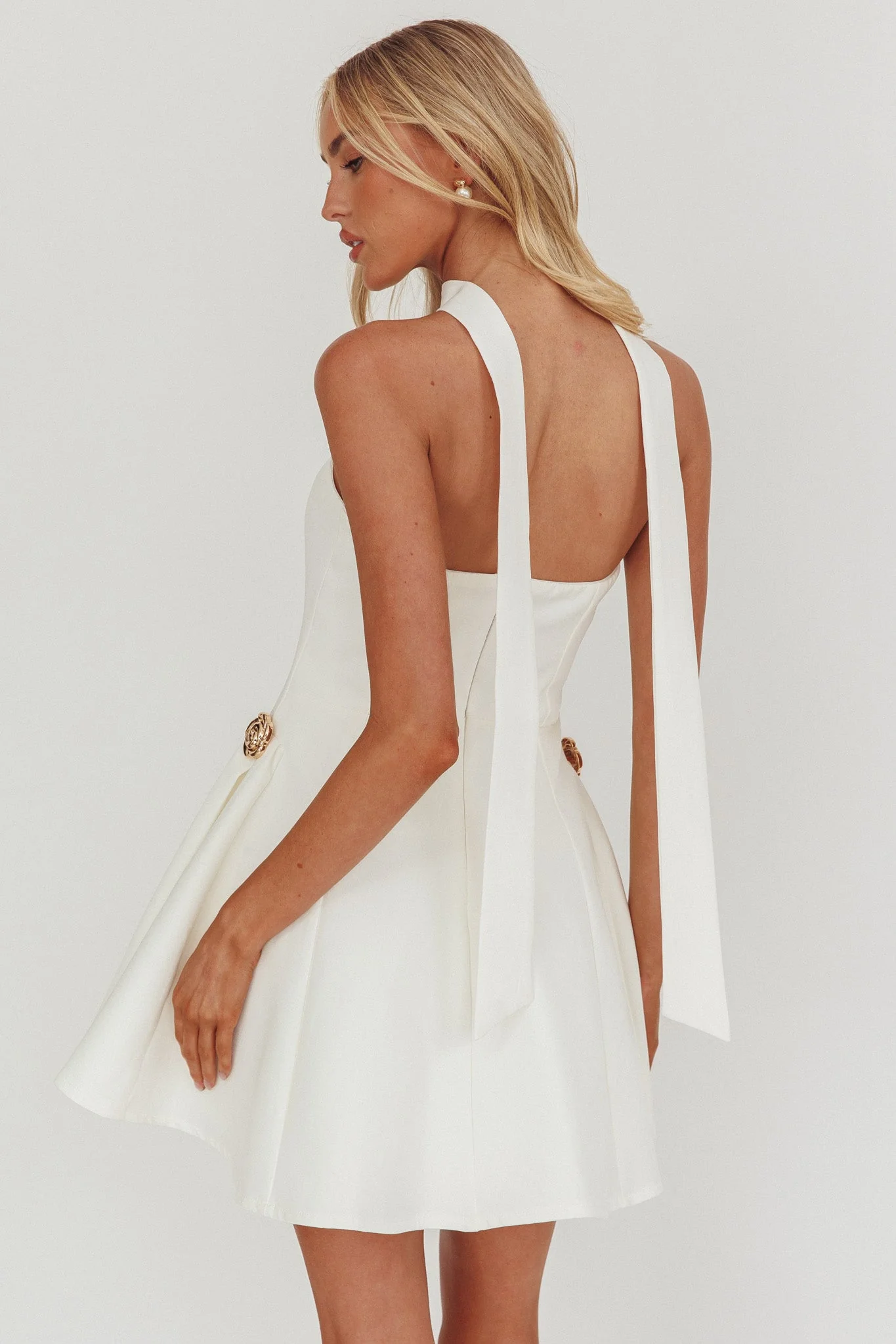 Annora Strapless Gold Button Mini Dress White - luluinthesky