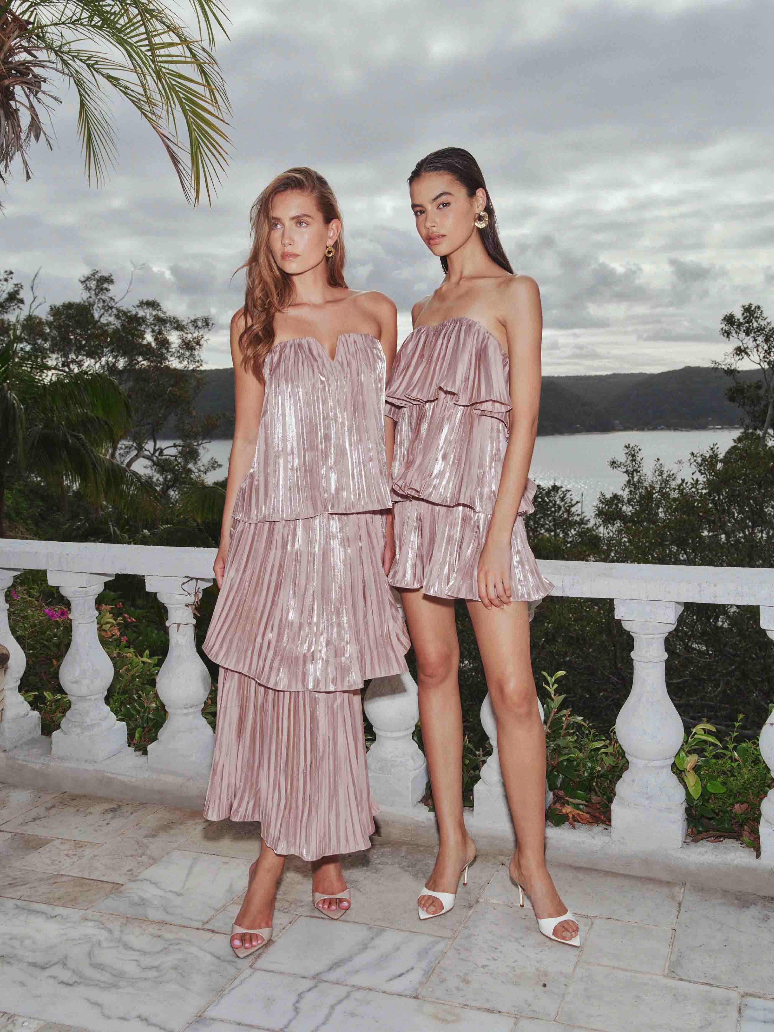 Lison Tiered Strapless Gown in Pink