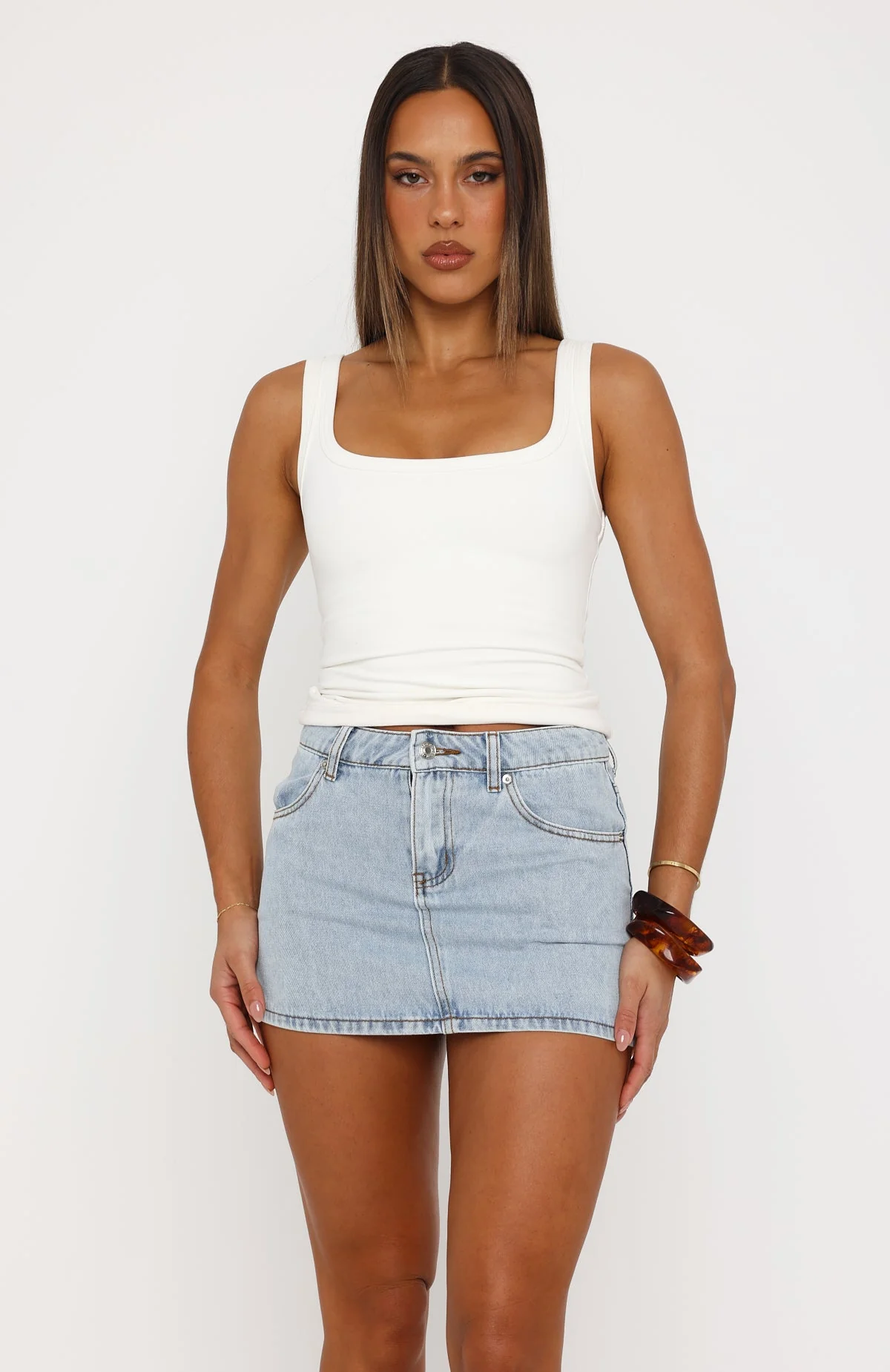 Peachy Keen Mid Rise Denim Mini Skirt Mid Blue