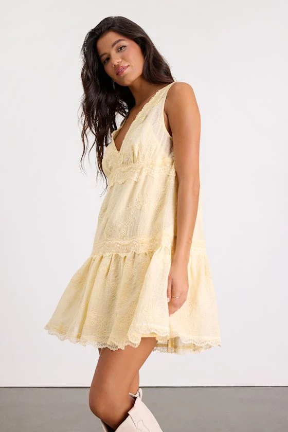 Romy Light Yellow Lace Tiered Shift Mini Dress
