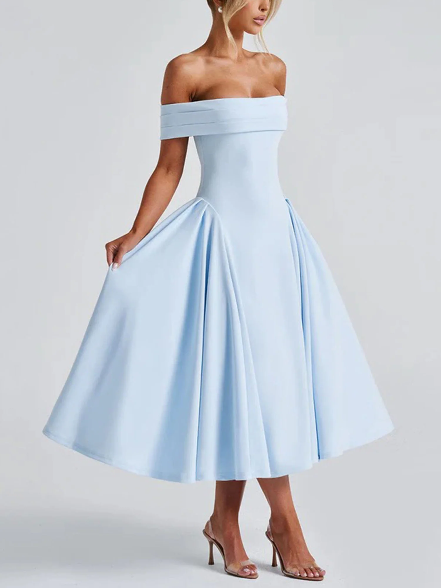 Blue Off-Shoulder Vintage-Inspired Midi Dress