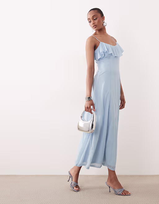 Vero Moda Tall ruffle bust chiffon midi cami dress in light blue