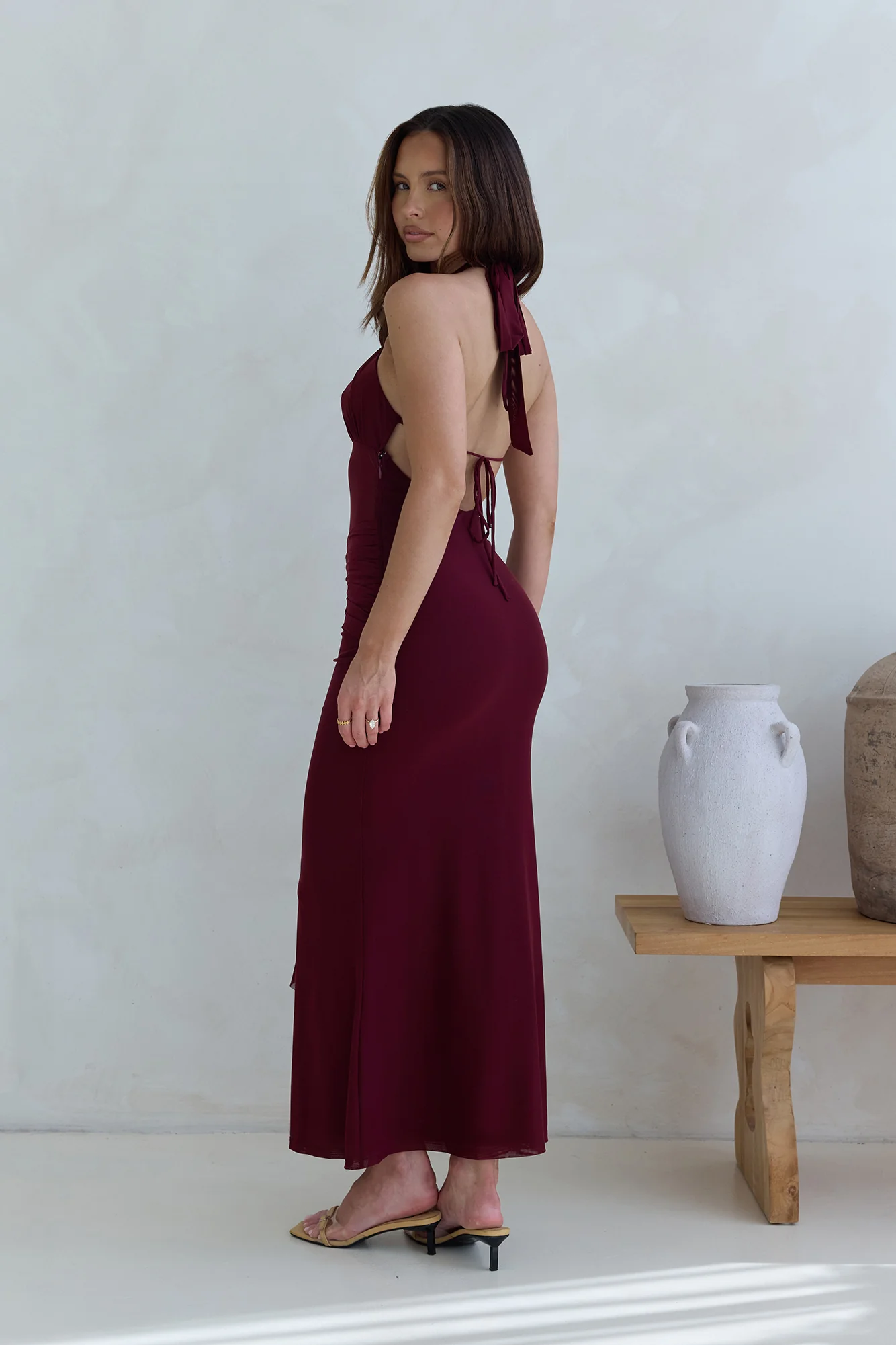 Taste Of Luxe Halter Mesh Maxi Dress Burgundy