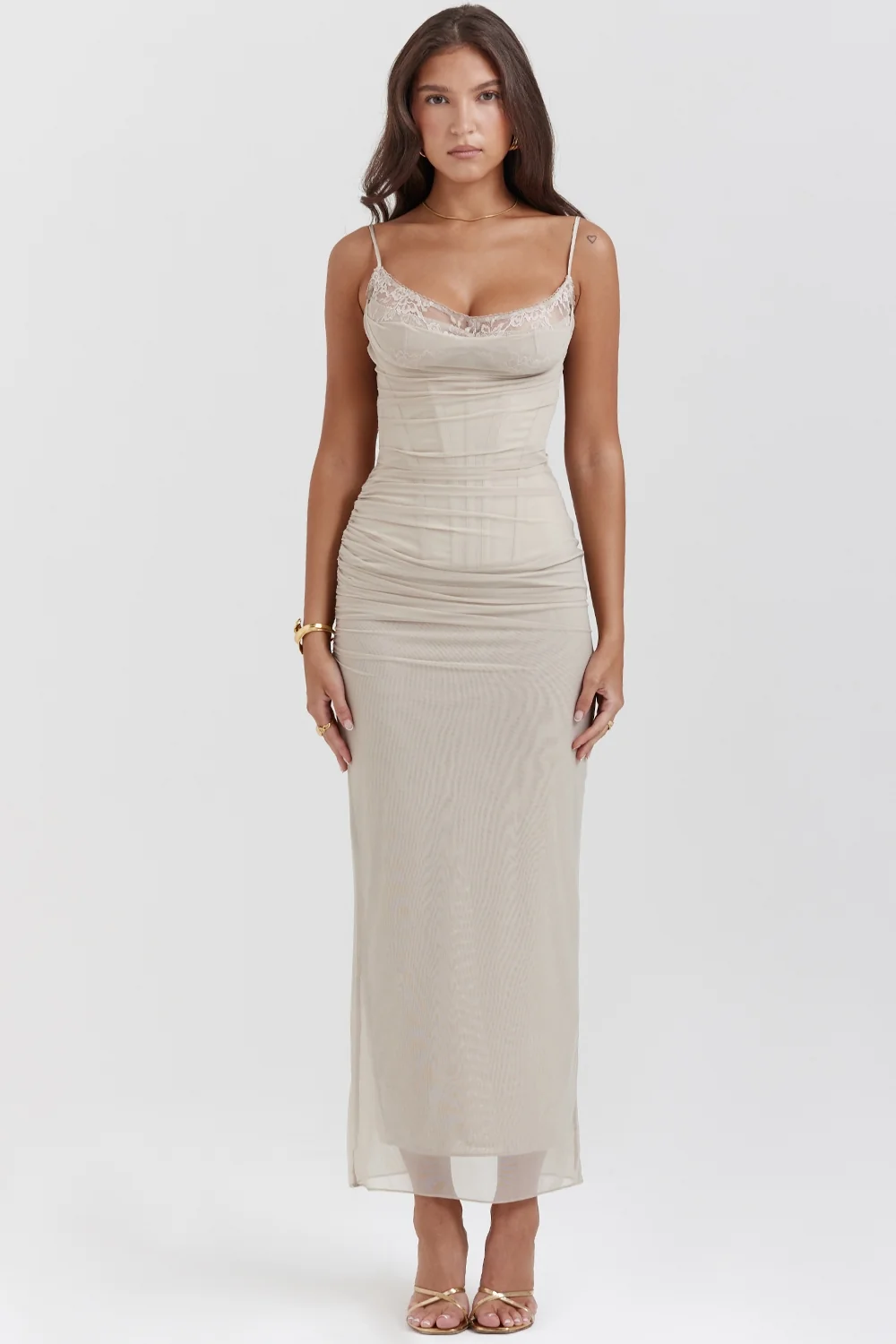 Sand Stretch Mesh Maxi Dress