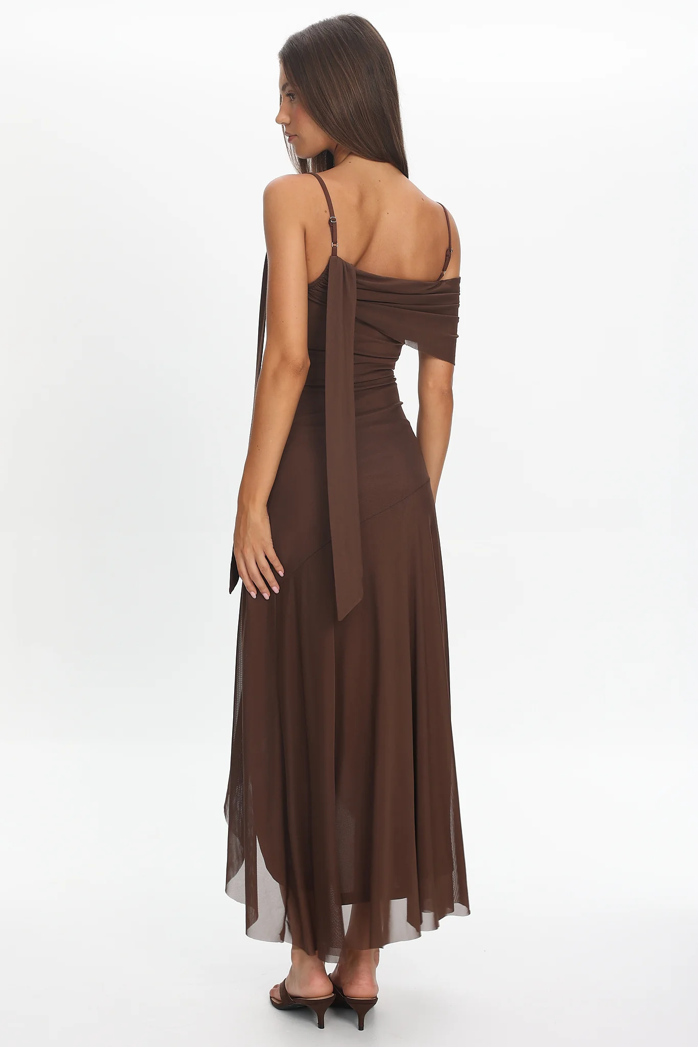 Millitah Asymmetric Hem Mesh Maxi Dress Chocolate