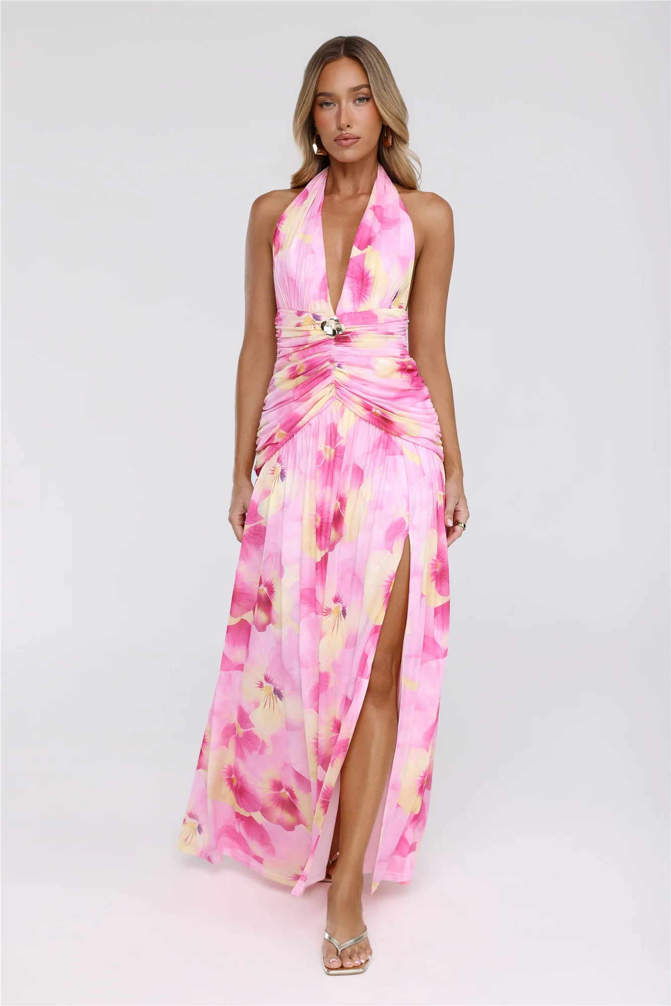 Darlingly Done Halter Mesh Maxi Dress Pink