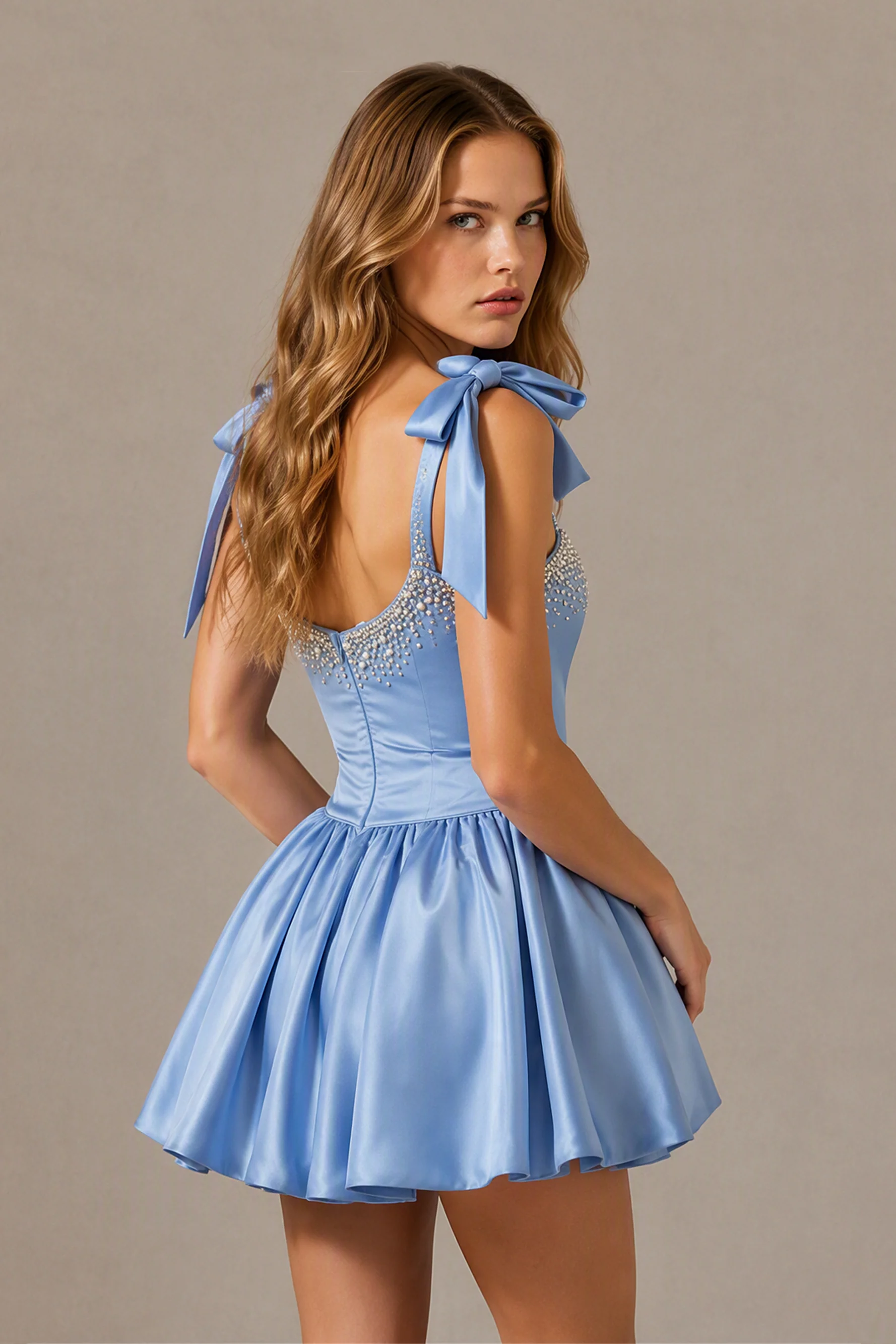BOLODOO Blue Satin Pearl Embellished Sweetheart Bow Strap Bubble Hem Mini Dress | Cocktail Prom Homecoming Dress