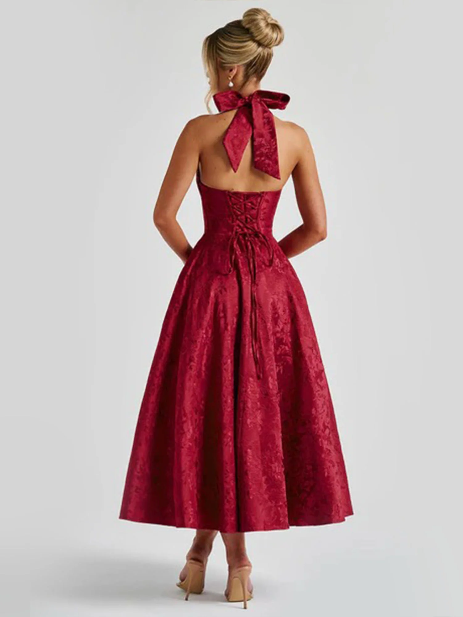 Red Halter Flared Midi Dress