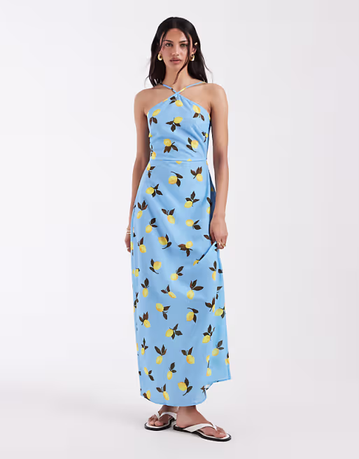 Vero Moda halter maxi dress in blue lemon print