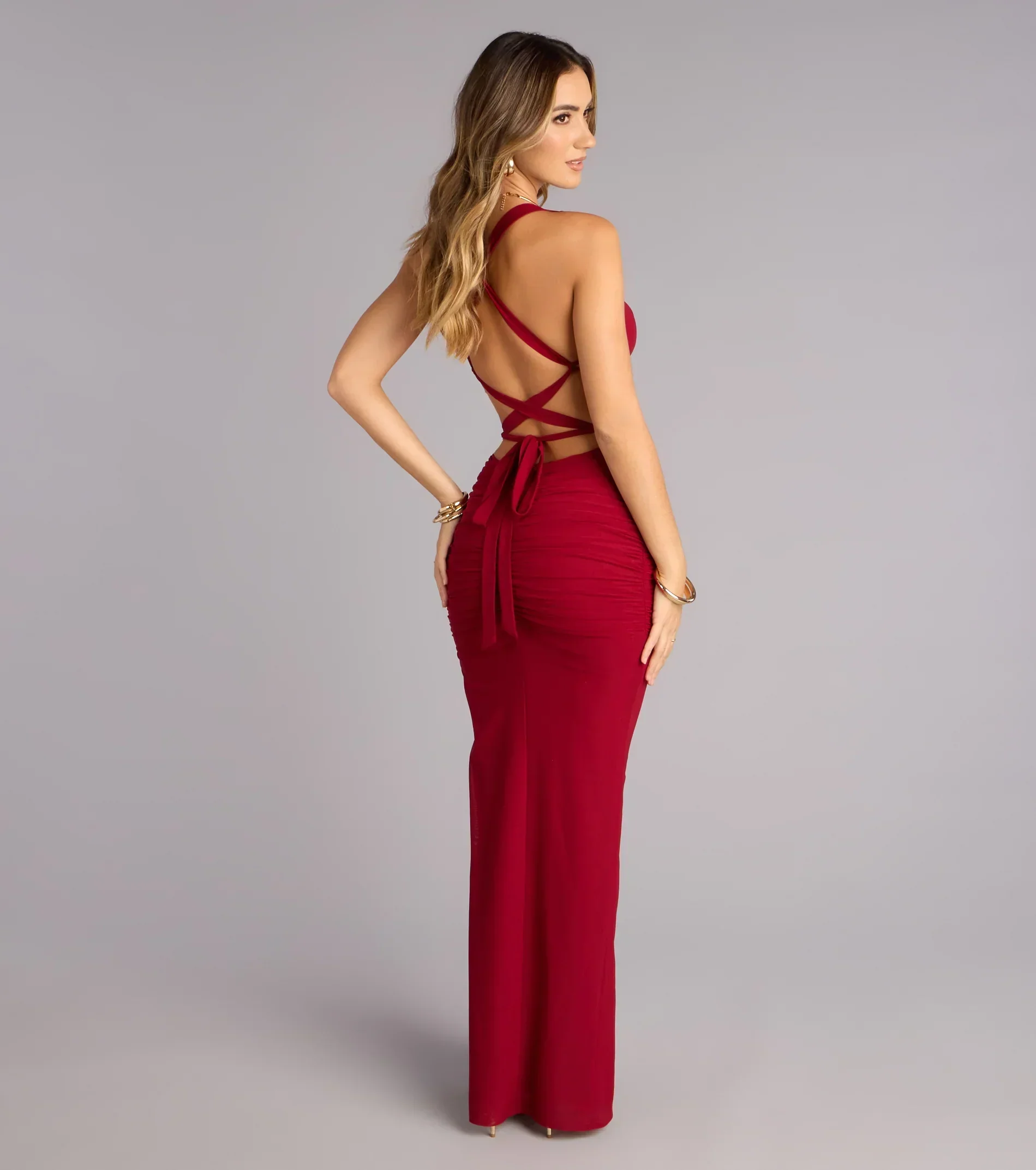 Kristy Mesh Corset Lace-Up Slit Formal Dress