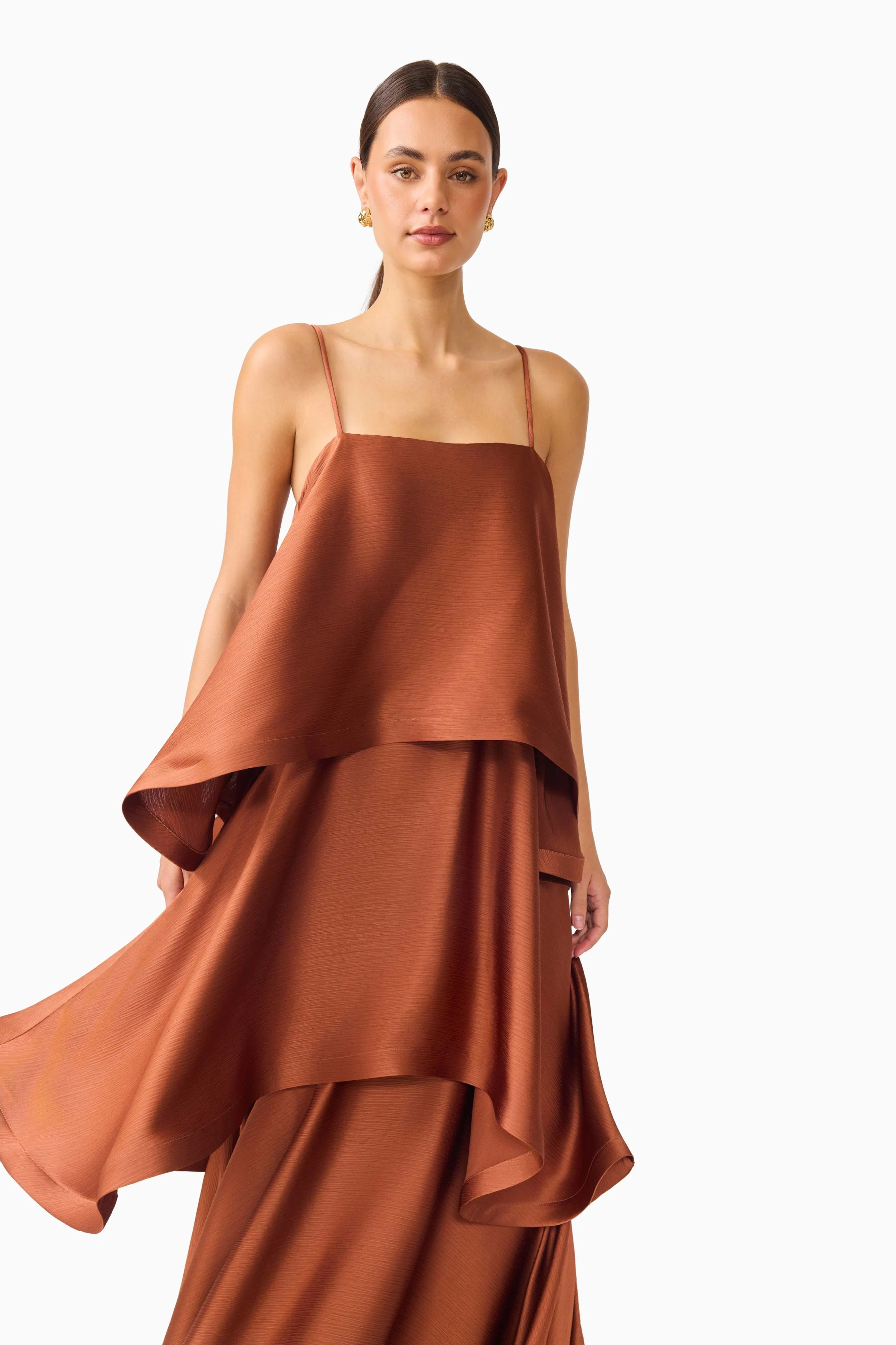 Tilly Tiered Maxi Dress in Chestnut Brown