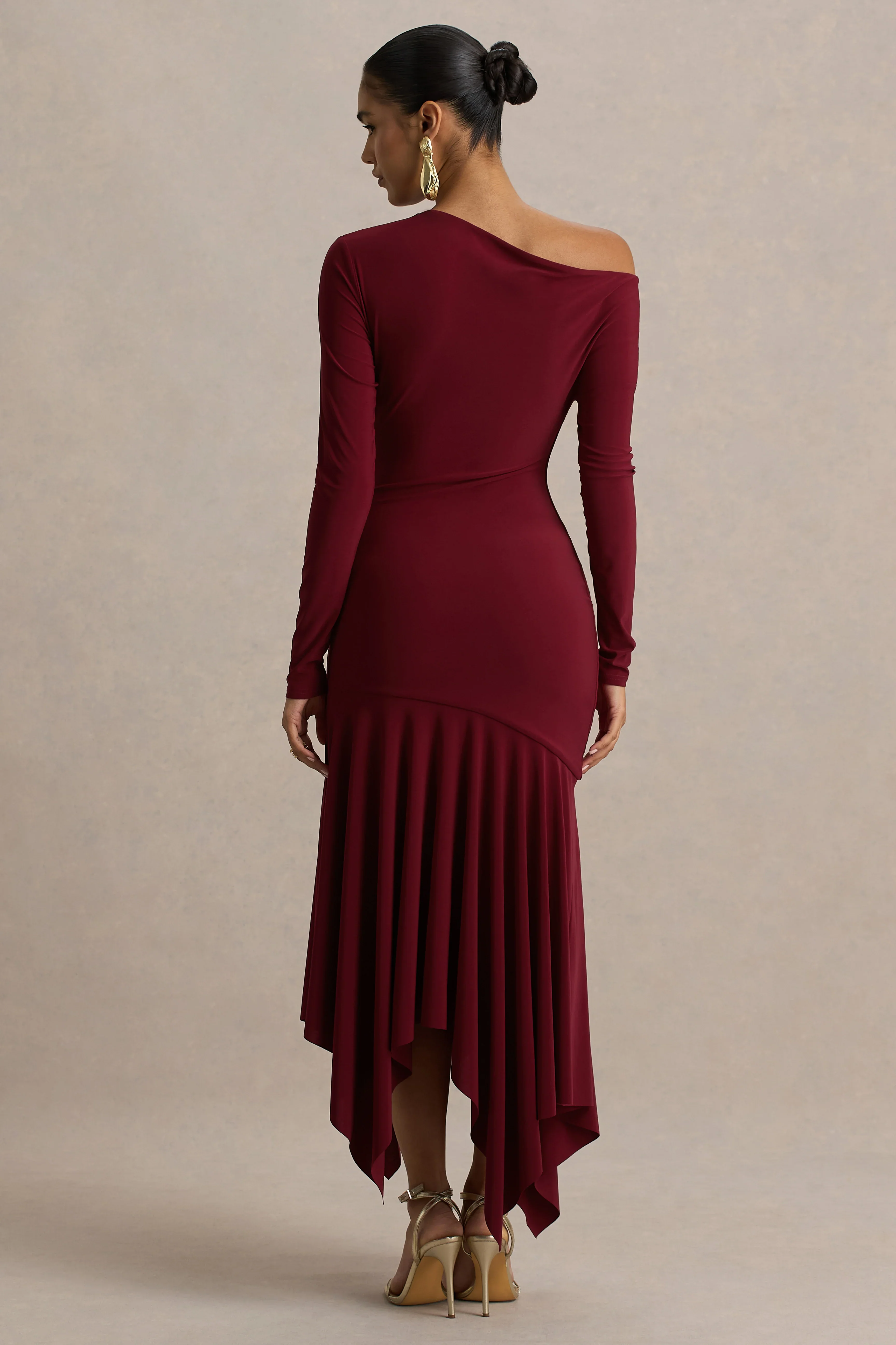 Isola | Burgundy Asymmetric-Neck Midi Dress With Drop-Waist
