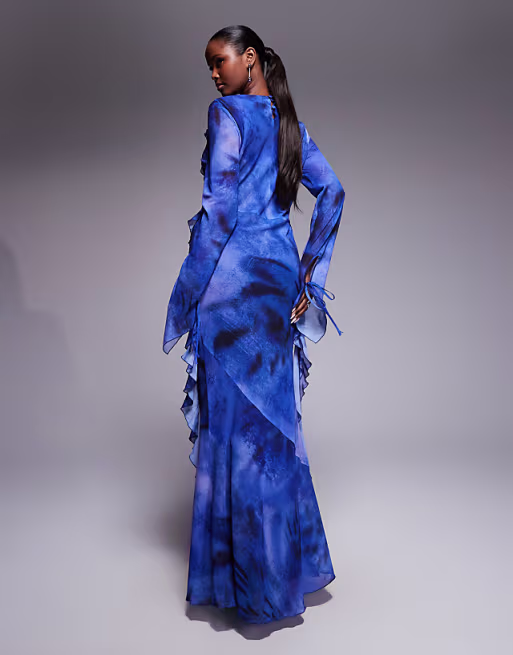 Daska chiffon high cowl neck frill detail maxi dress in cobalt abstract print