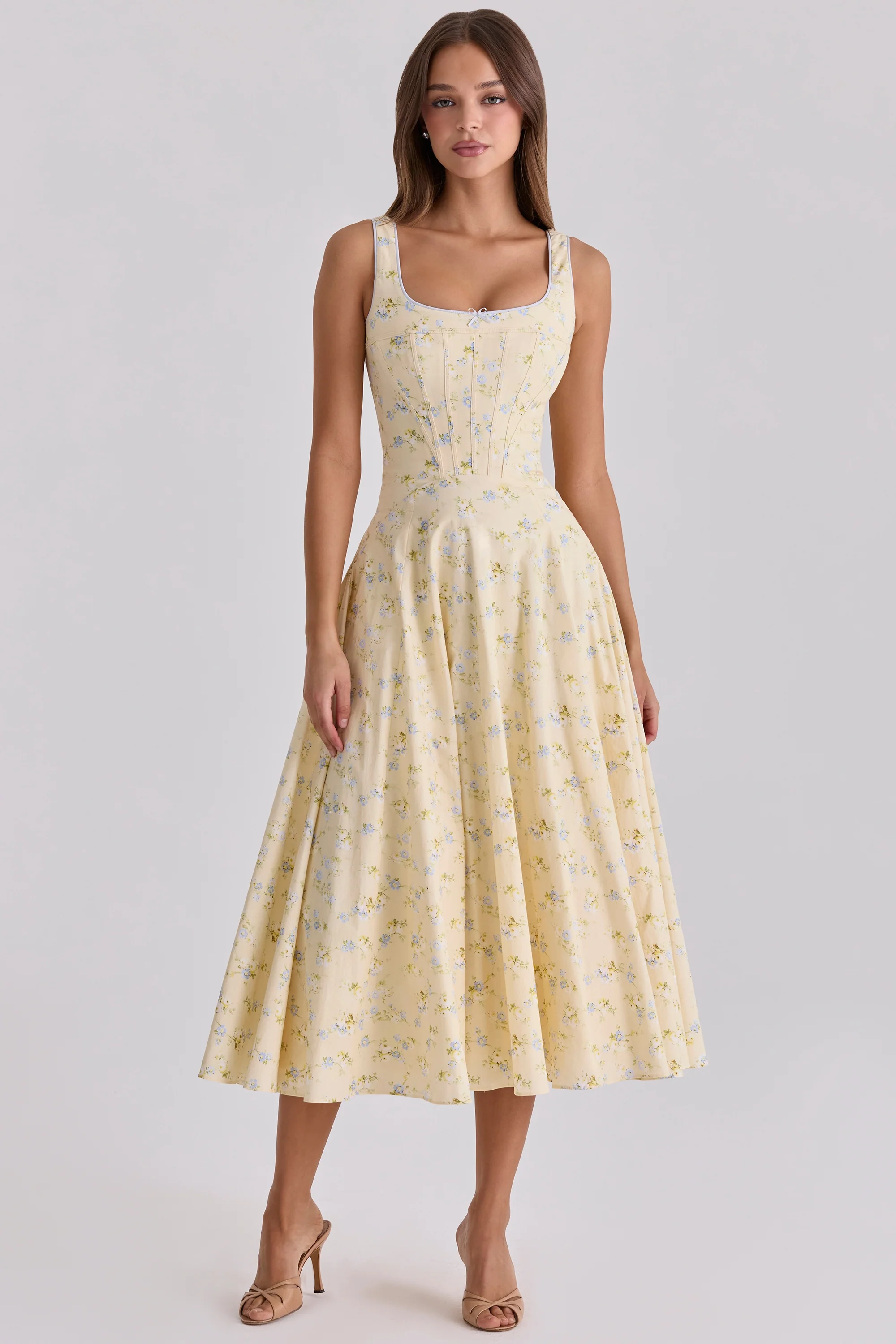 Lemon Floral Print Cotton Lace Up Midi Sundress