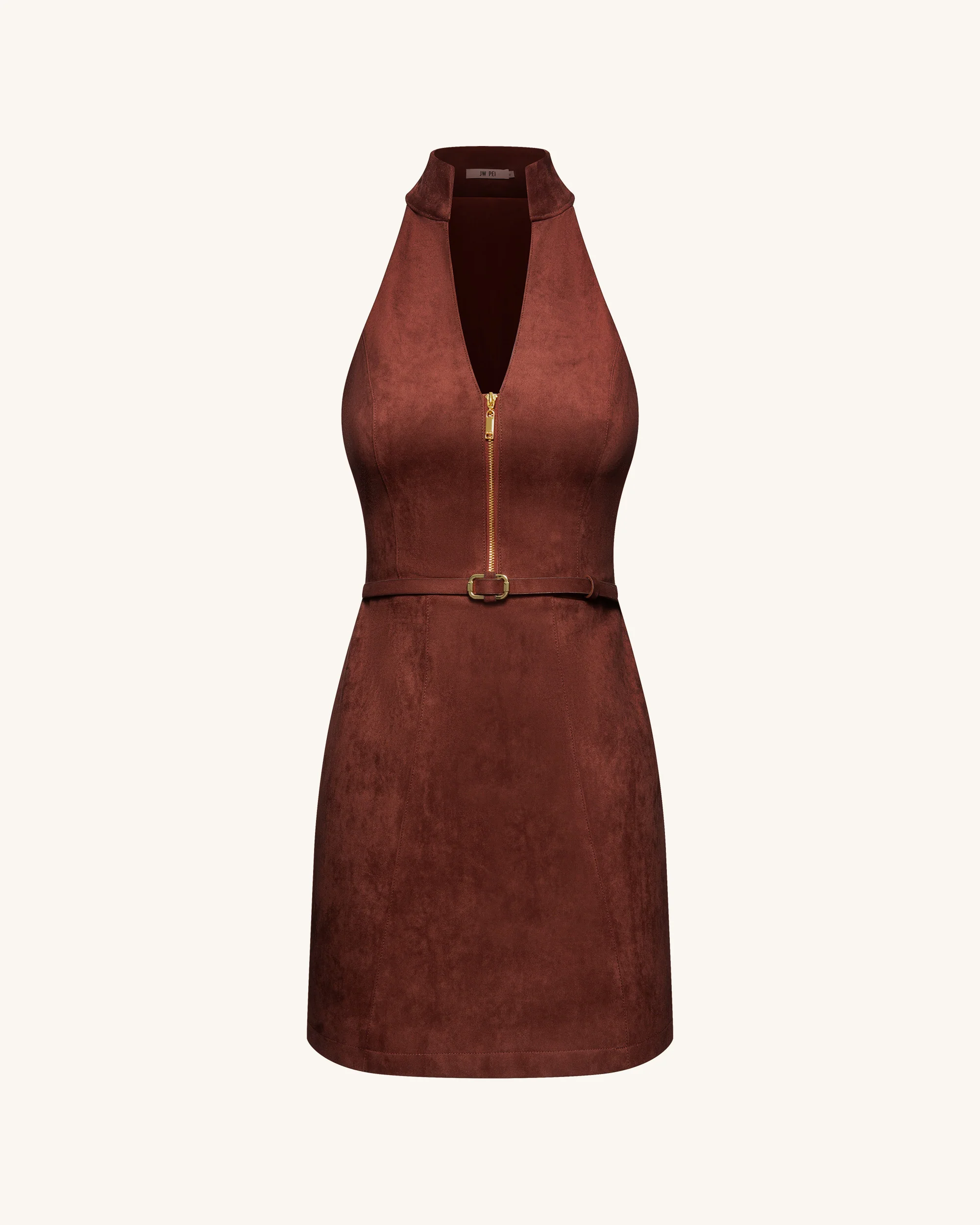 Faux Suede Halter Neck Zip-Front Mini Dress - Burgundy - FASHION NOB