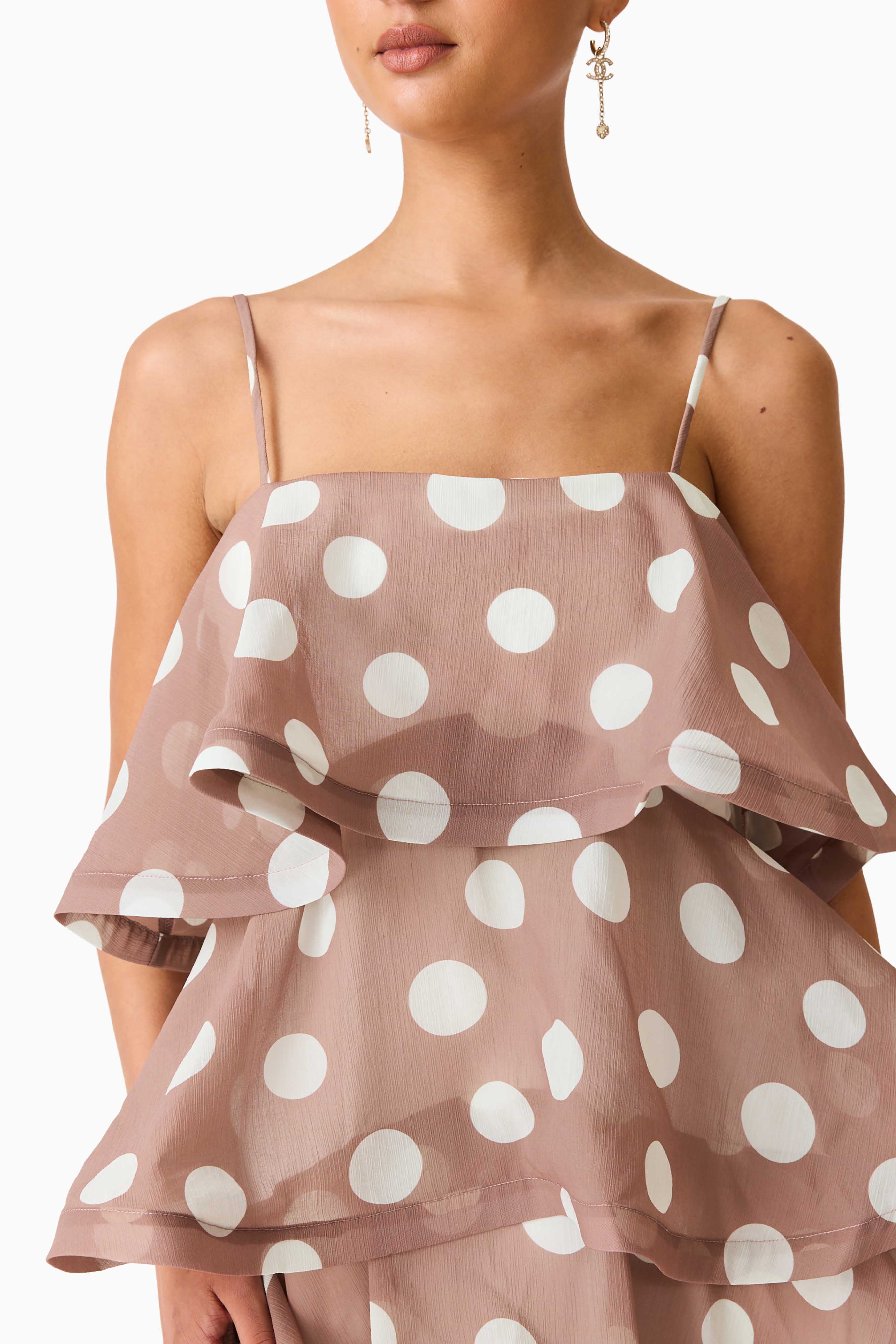 Sola Tiered Maxi Dress in Brown Polkadot