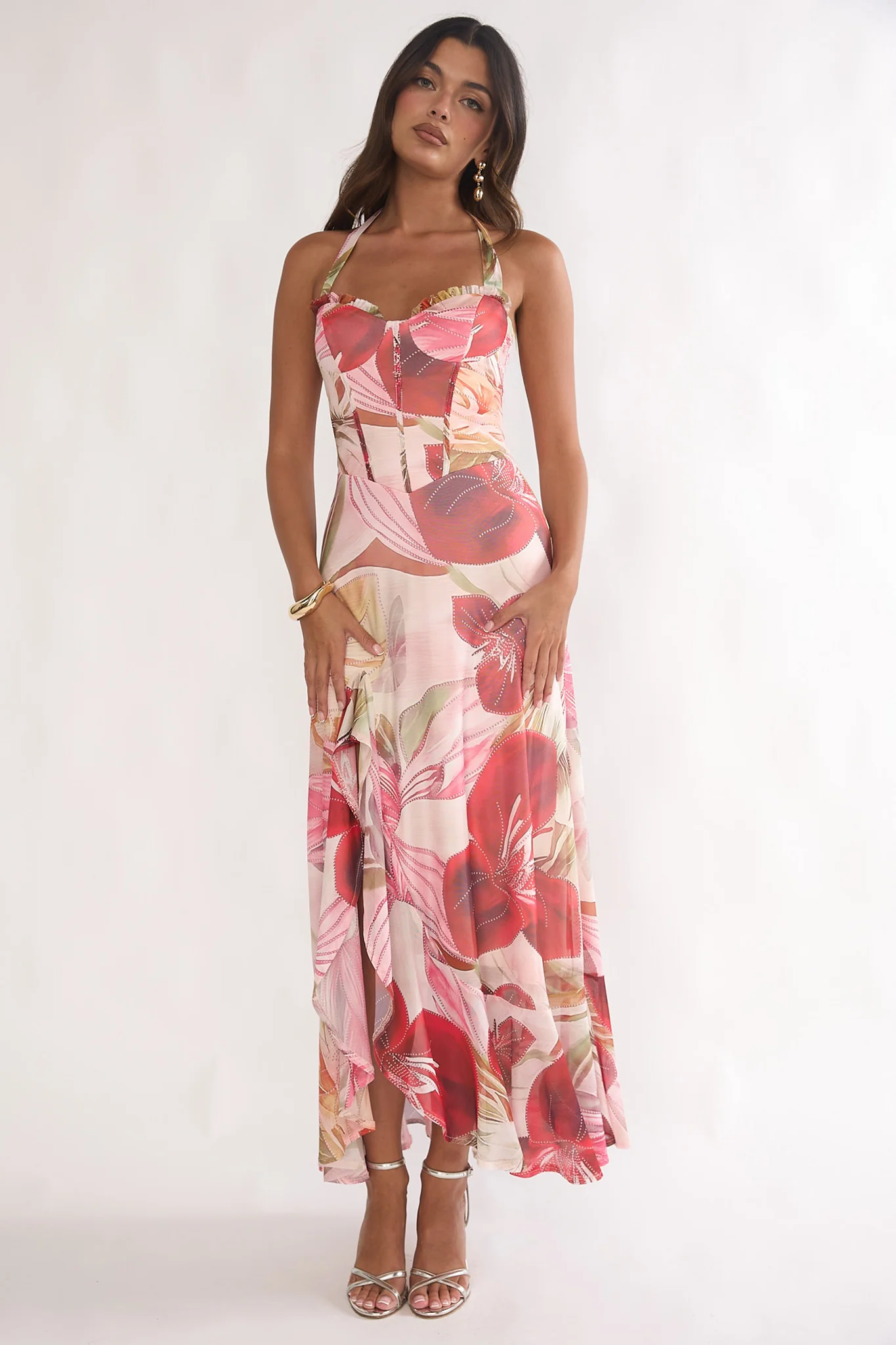 Moonlit Magic Halterneck Split Maxi Dress Floral Red - luluinthesky