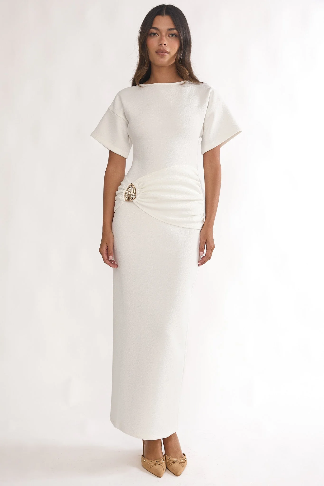 Briona Short Sleeve Buckle Maxi Dress White
