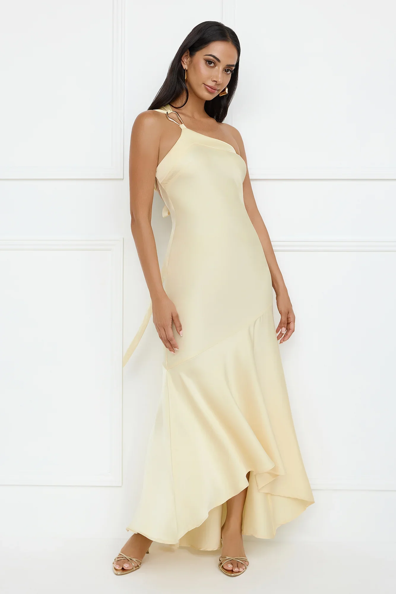 Masquerade Energy One Shoulder Satin Maxi Dress Yellow