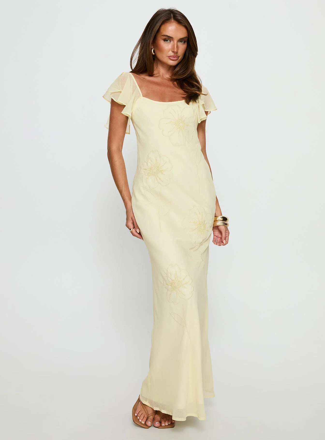 Estah Flutter Sleeve Embellished Maxi Dress Yellow